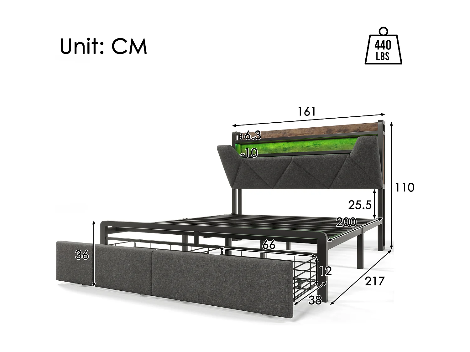 Lit rembourré double USB Type C avec tête de rangement, LED et tiroirs, 160×200, métal gris (avec matelas)