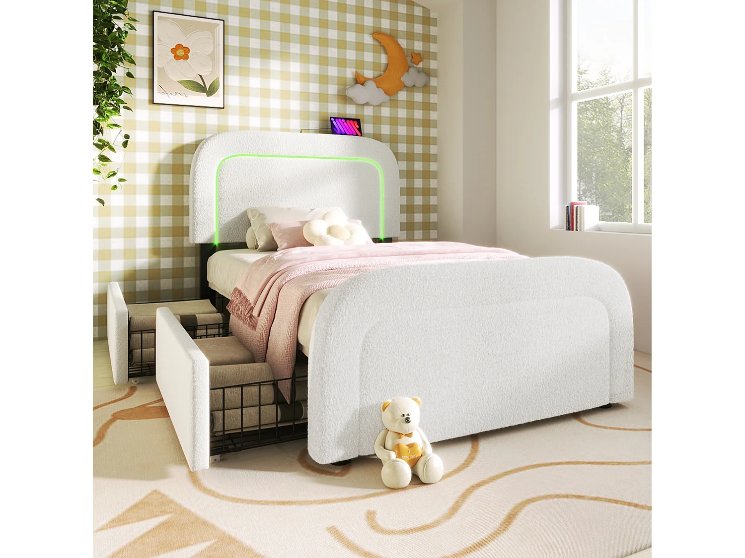 Gepolsterd Bed Simple USB Type C Met LED en 2 Tiroirs, Tête Réglable, 90×200, Bois, Sherpa Blanc (met Matelas)