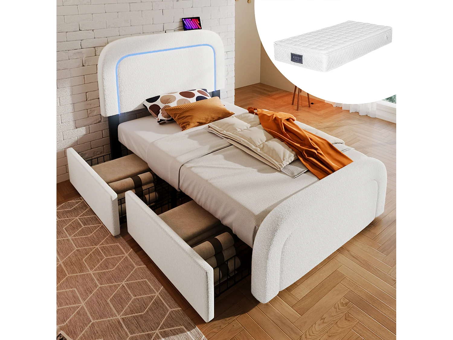 Gepolsterd Bed Simple USB Type C Met LED en 2 Tiroirs, Tête Réglable, 90×200, Bois, Sherpa Blanc (met Matelas)