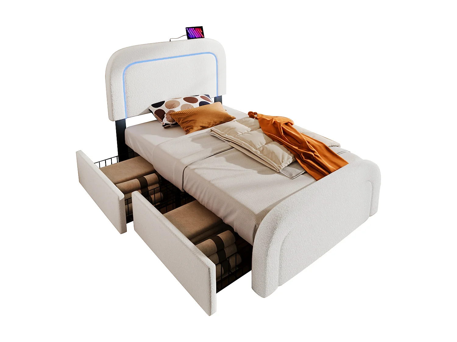 Gepolsterd Bed Simple USB Type C Met LED en 2 Tiroirs, Tête Réglable, 90×200, Bois, Sherpa Blanc (met Matelas)