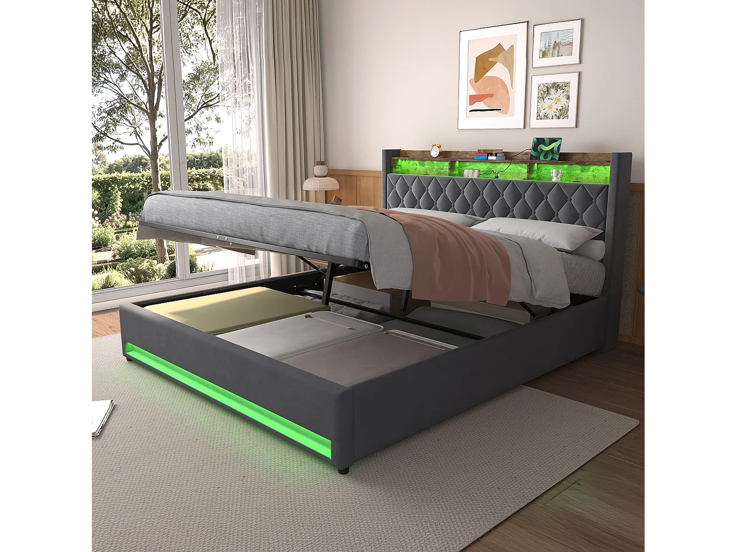 Letto imbottito in velluto grigio 180 x 200 cm con contenitore, LED, porta USB e 2 prese