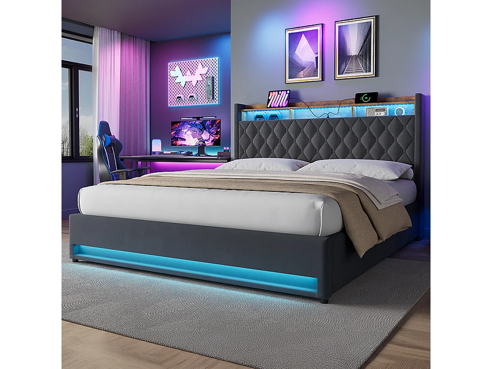 Letto imbottito in velluto grigio 180 x 200 cm con contenitore, LED, porta USB e 2 prese