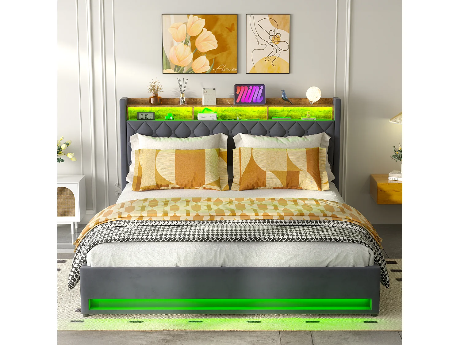 Letto imbottito in velluto grigio 180 x 200 cm con contenitore, LED, porta USB e 2 prese