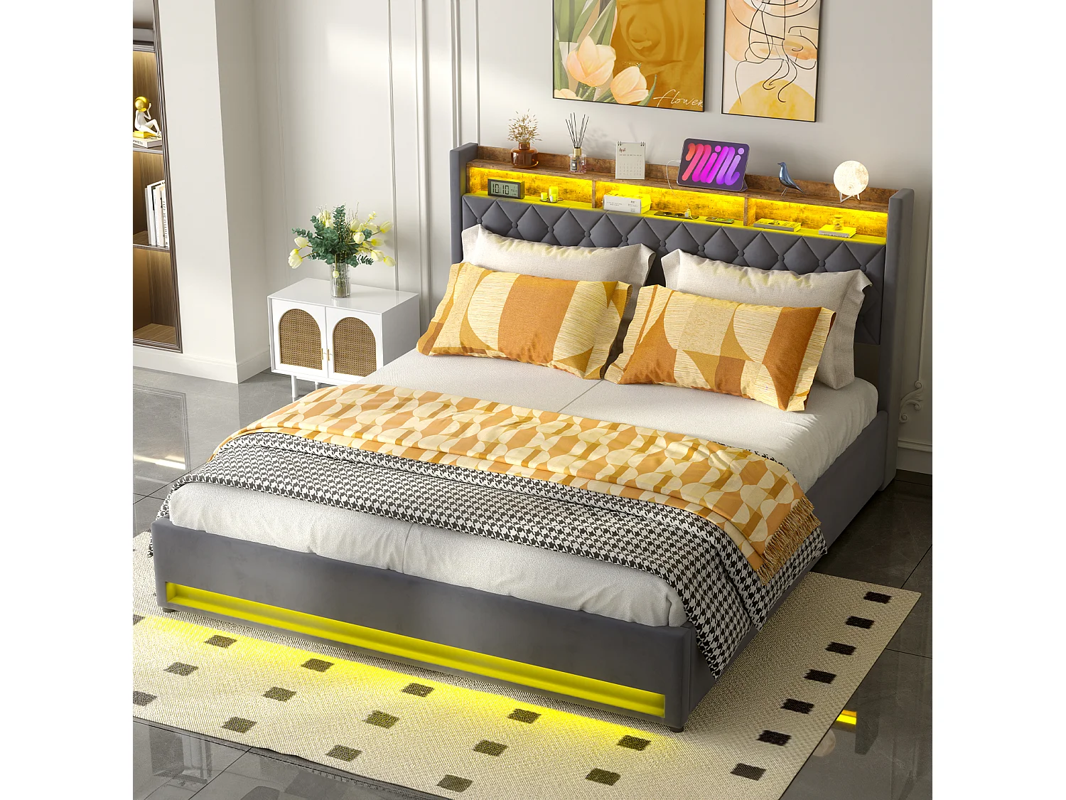 Letto imbottito in velluto grigio 180 x 200 cm con contenitore, LED, porta USB e 2 prese