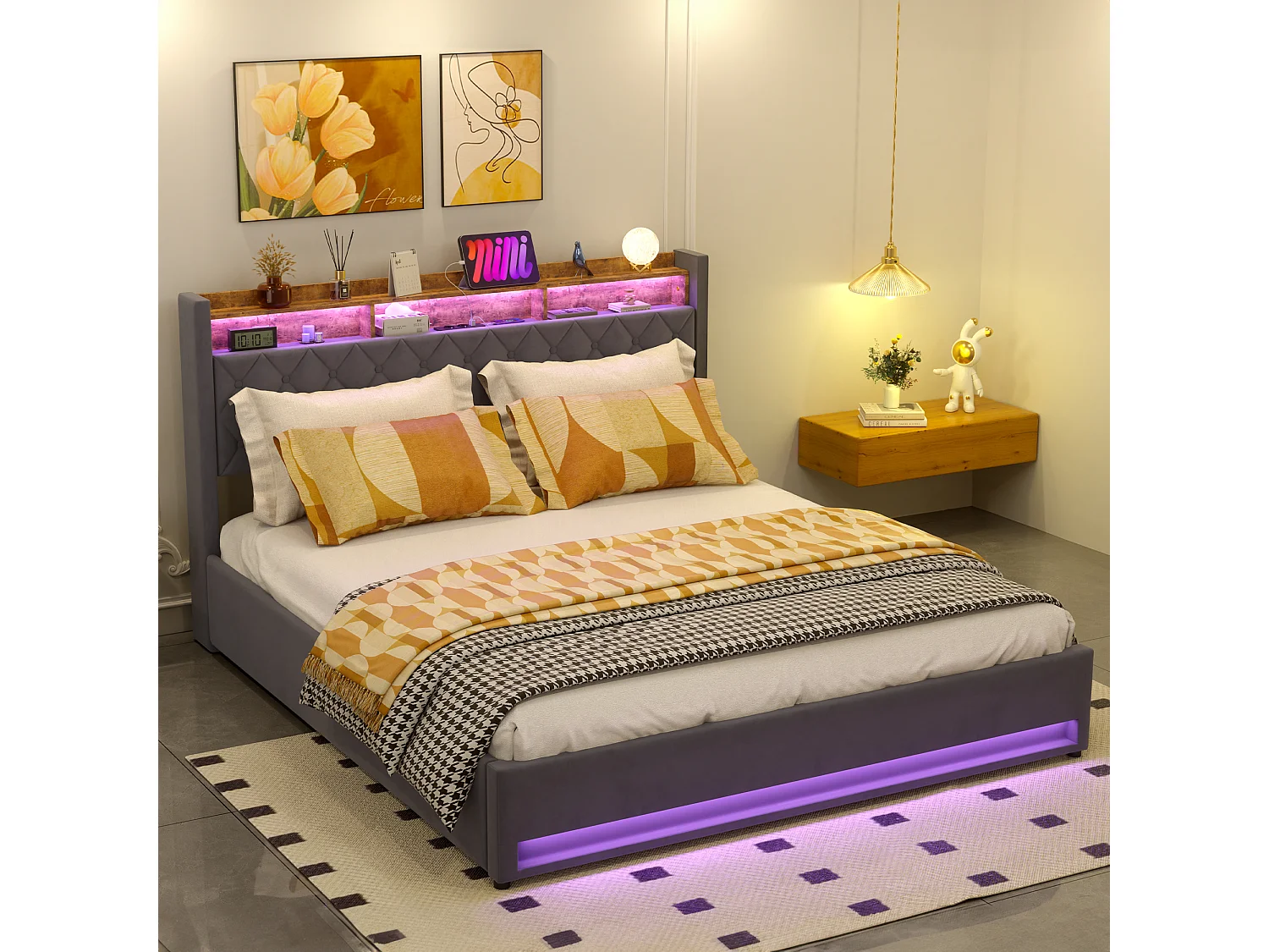 Letto imbottito in velluto grigio 180 x 200 cm con contenitore, LED, porta USB e 2 prese