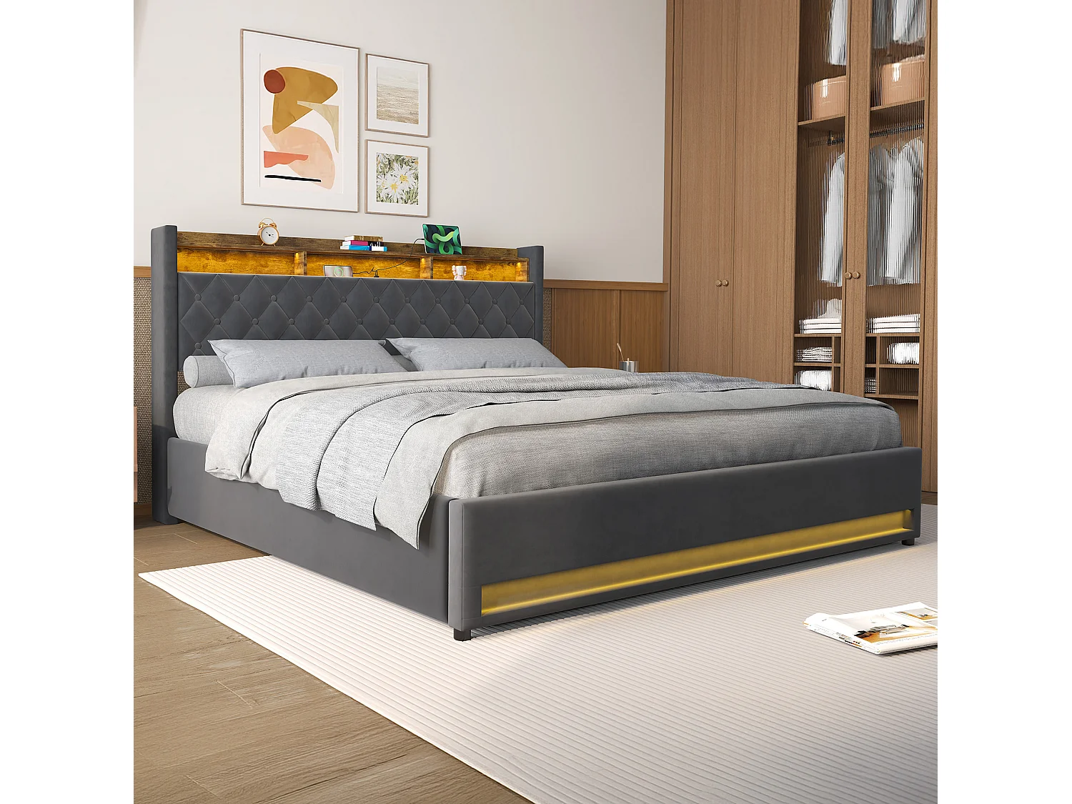Letto imbottito in velluto grigio 180 x 200 cm con contenitore, LED, porta USB e 2 prese