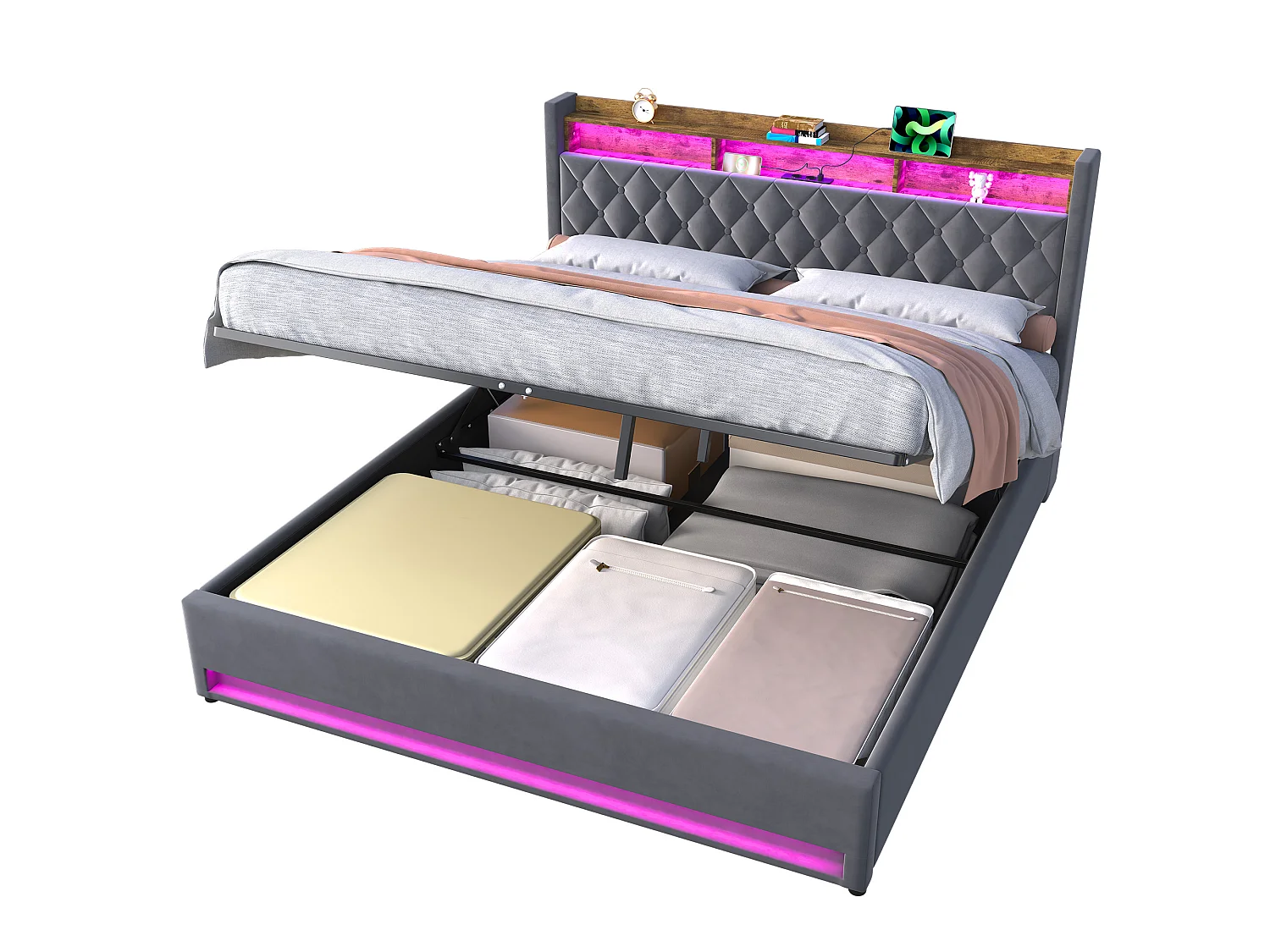 Letto imbottito in velluto grigio 180 x 200 cm con contenitore, LED, porta USB e 2 prese