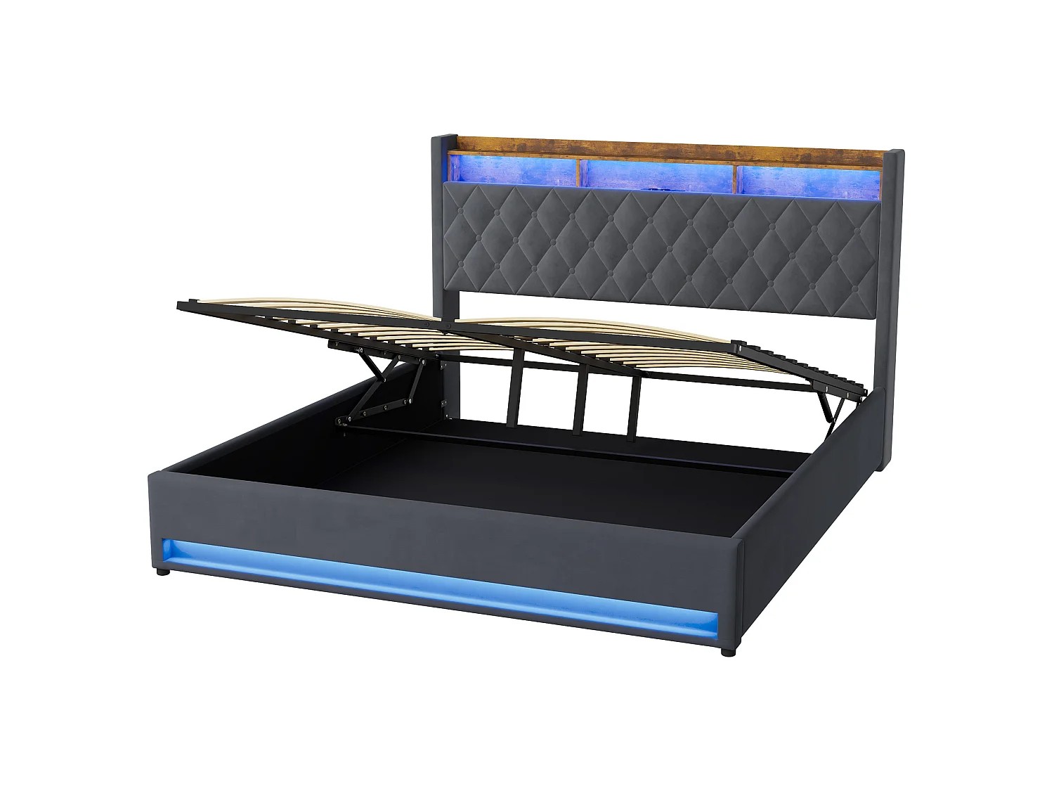 Letto imbottito in velluto grigio 180 x 200 cm con contenitore, LED, porta USB e 2 prese