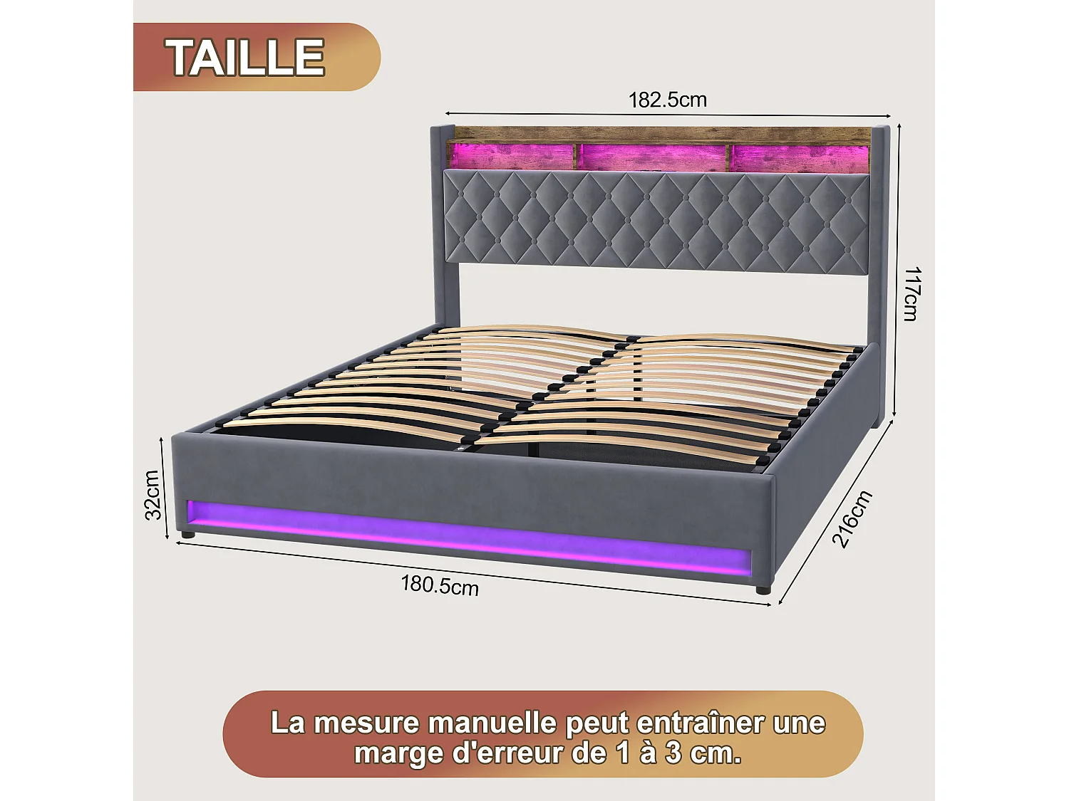 Letto imbottito in velluto grigio 180 x 200 cm con contenitore, LED, porta USB e 2 prese