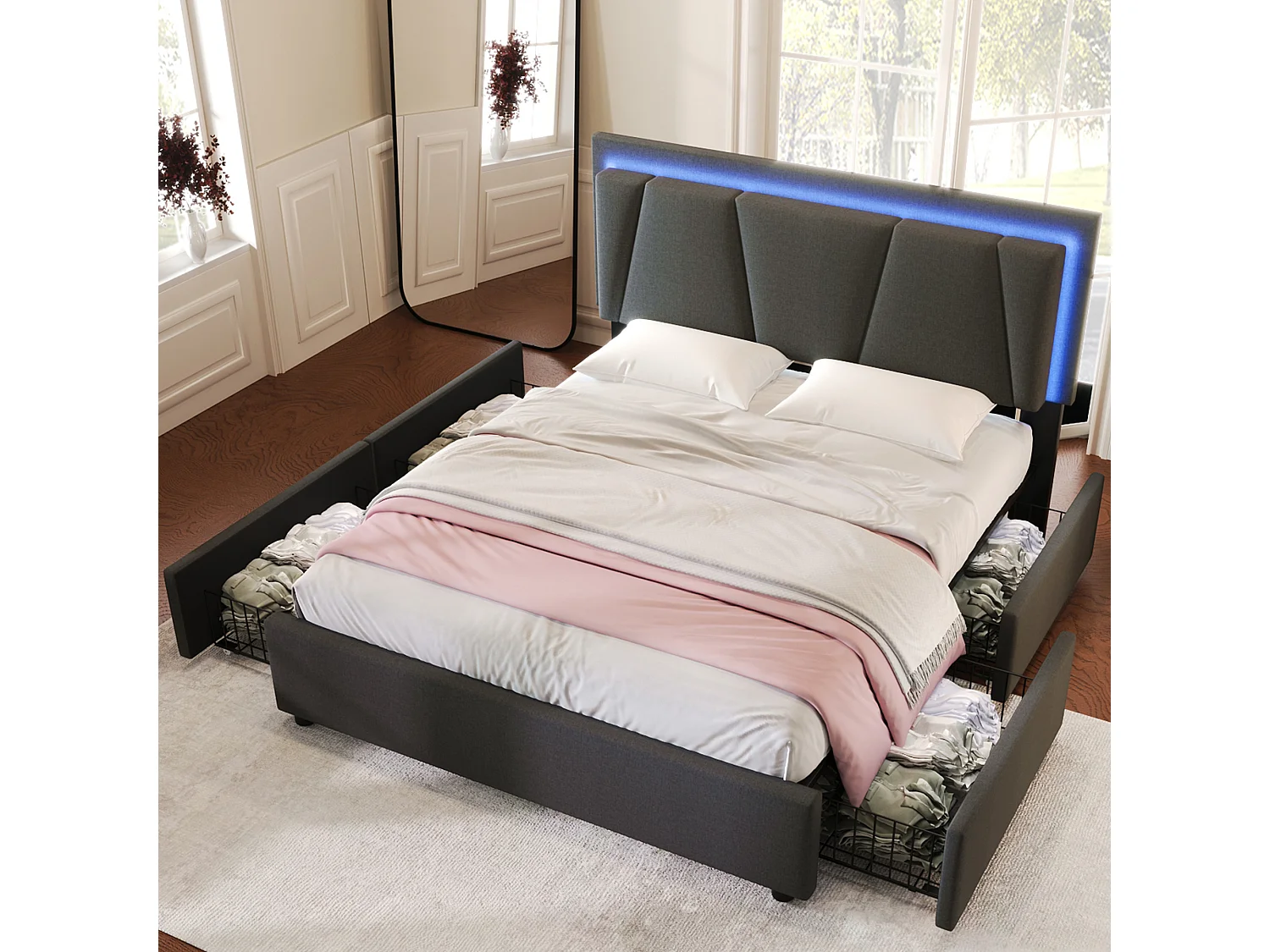 Tweepersoonsbed Rembourré 140x200 cm Met Led, 4 Tiroirs, Tête Réglable, Houten Lattenbodem, Tissu Gris, Met Matelas