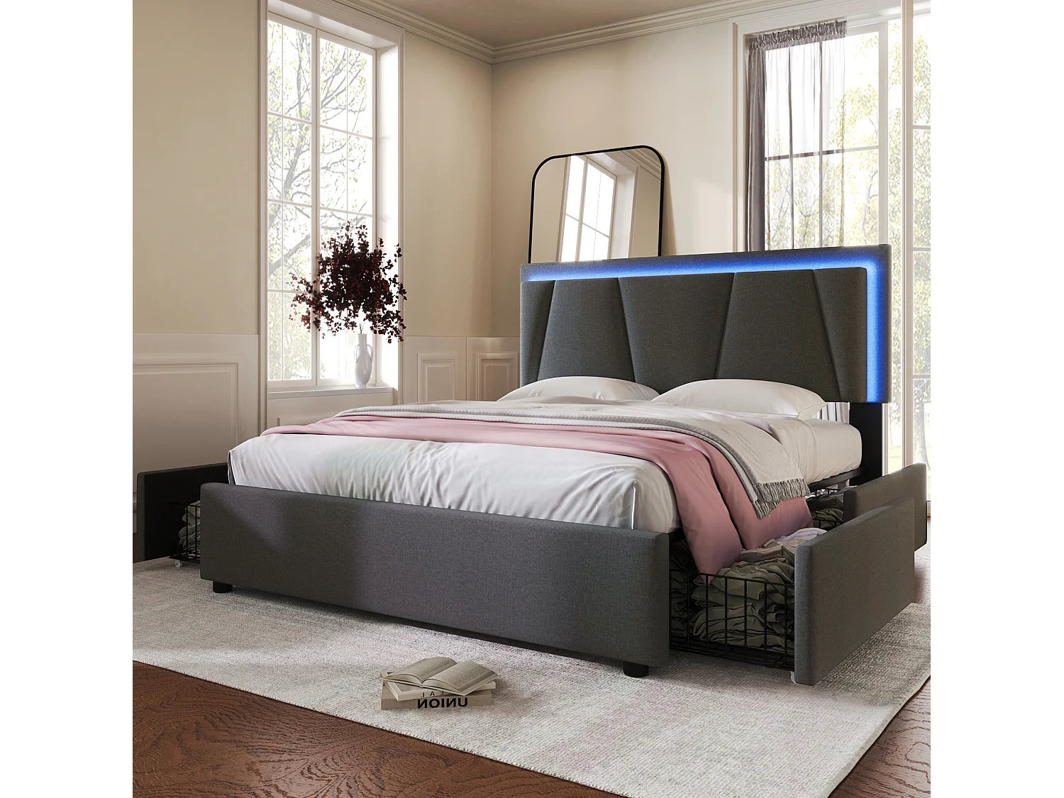 Tweepersoonsbed Rembourré 140x200 cm Met Led, 4 Tiroirs, Tête Réglable, Houten Lattenbodem, Tissu Gris, Met Matelas