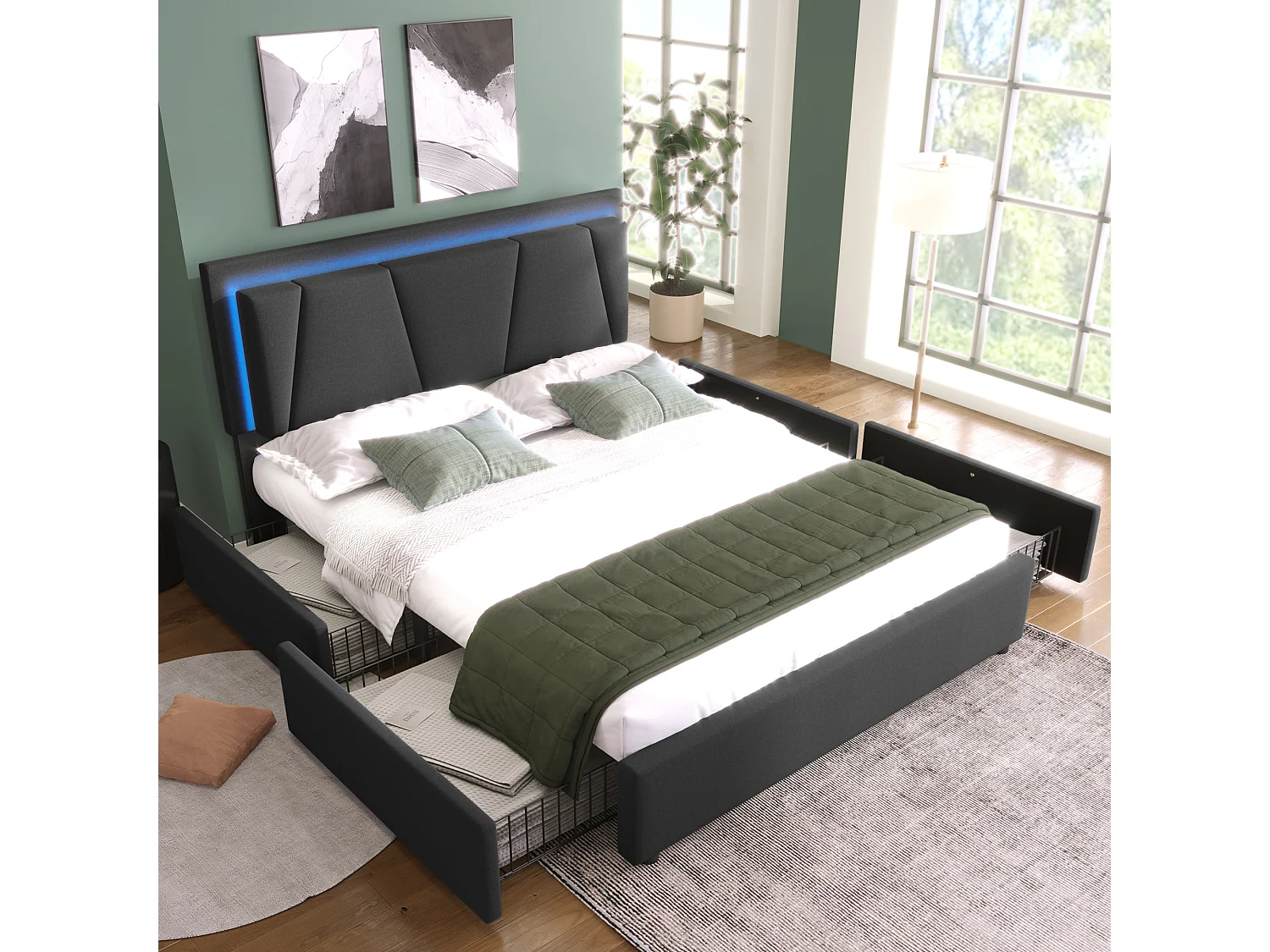 Tweepersoonsbed Rembourré 140x200 cm Met Led, 4 Tiroirs, Tête Réglable, Houten Lattenbodem, Tissu Gris, Met Matelas