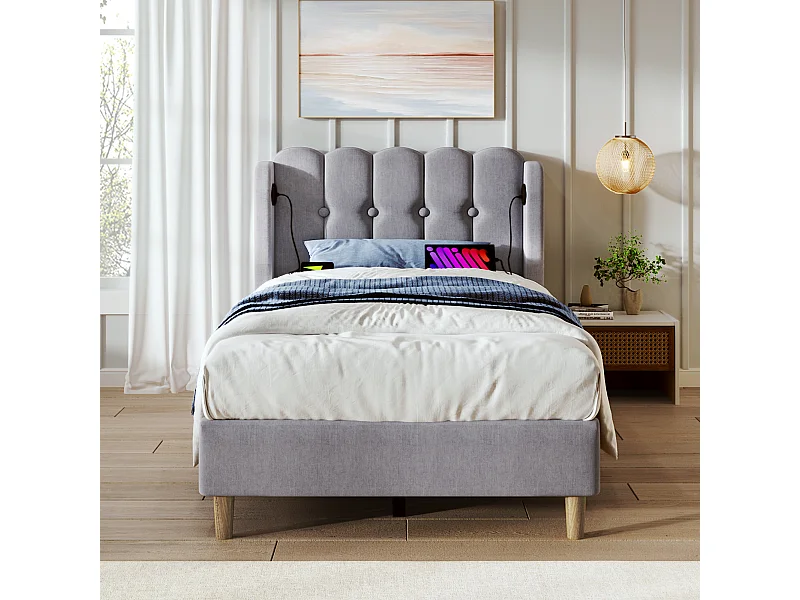 Gepolsterd Bed Simple USB Type C Met Sommier, 90×200, Lin Gris, Cadre Voor Chambre ou Invités (met Matelas)