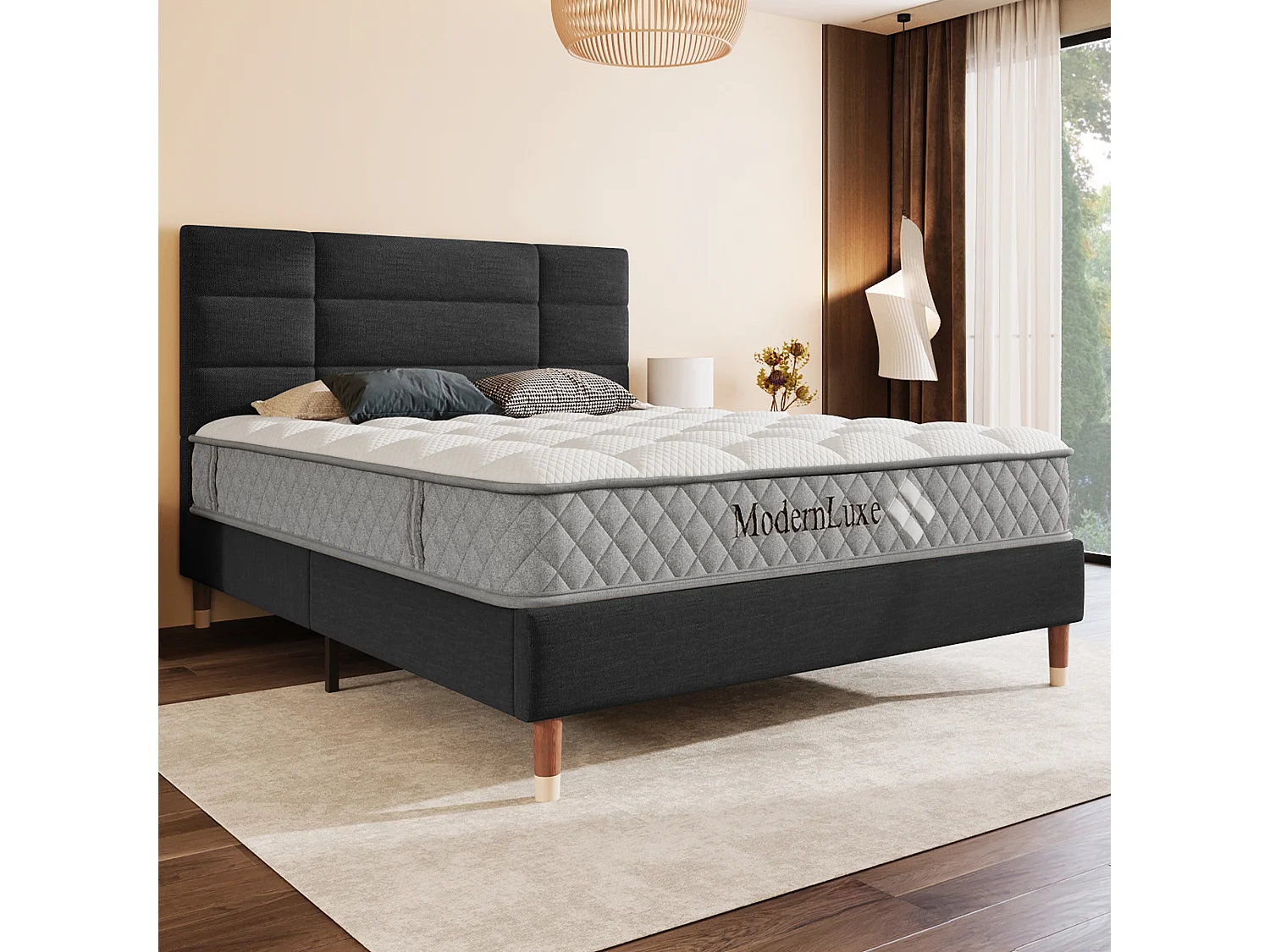 Lit rembourré double 140x200 cm, tête incluse, sommier inclus, lin noir, pour adultes et adolescents, avec matelas