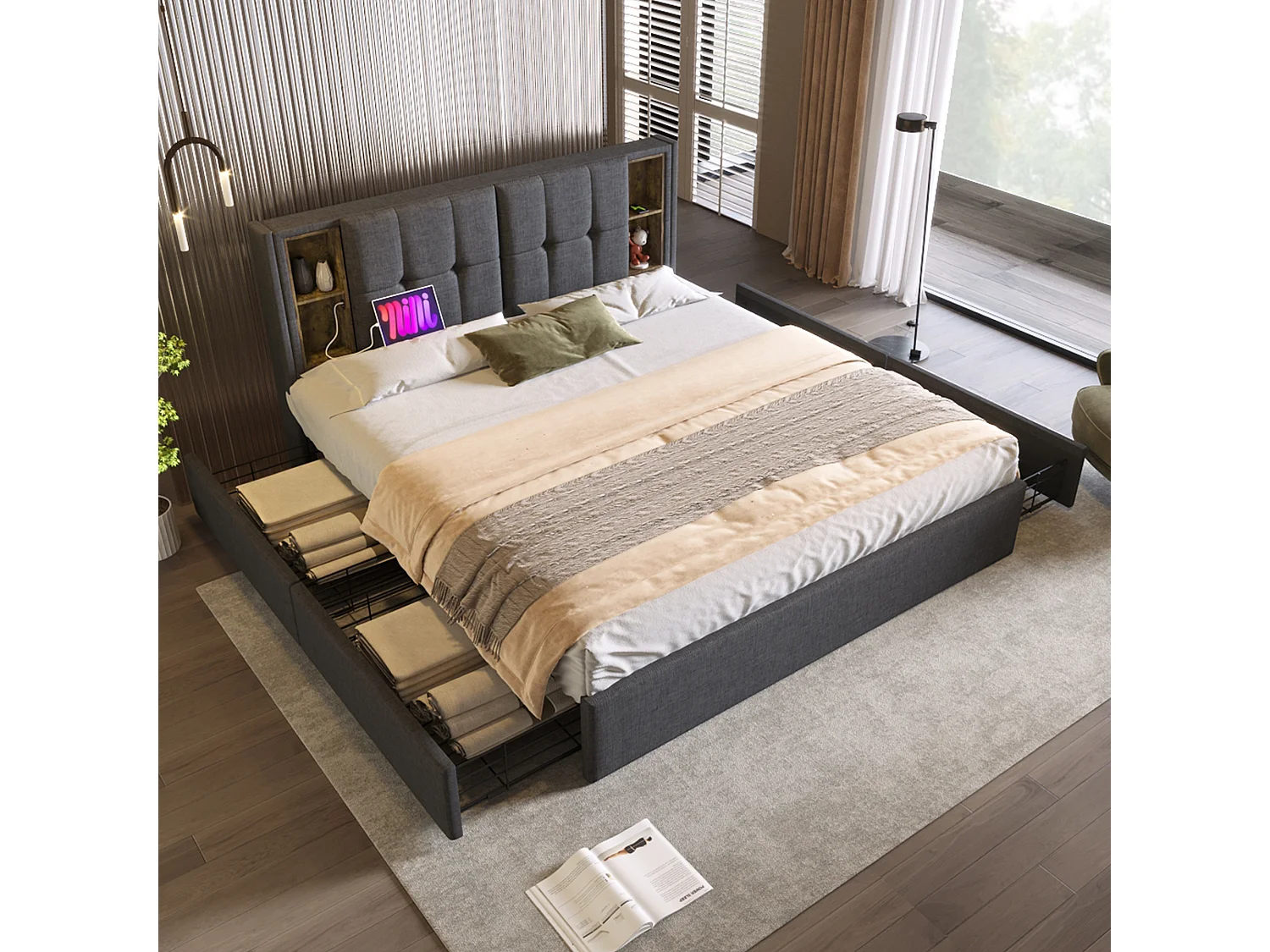 Lit rembourré double avec charge sans fil USB C et 4 tiroirs, 160×200, sommier bois, lin gris (avec matelas)