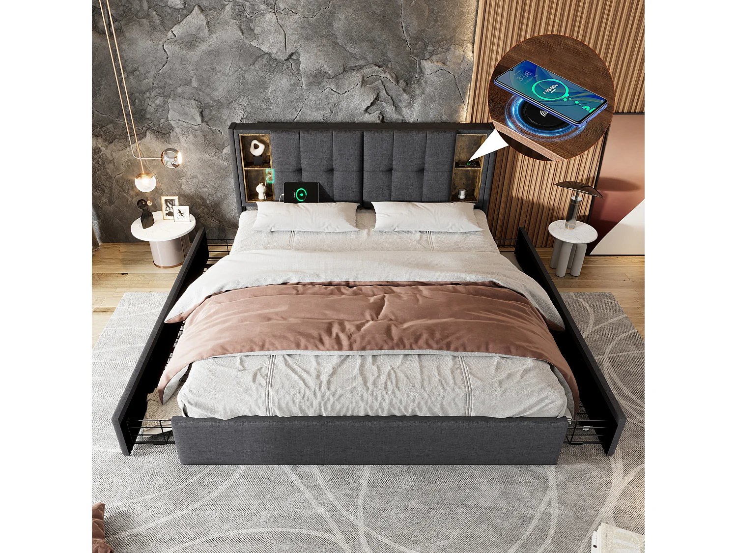Lit rembourré double avec charge sans fil USB C et 4 tiroirs, 160×200, sommier bois, lin gris (avec matelas)