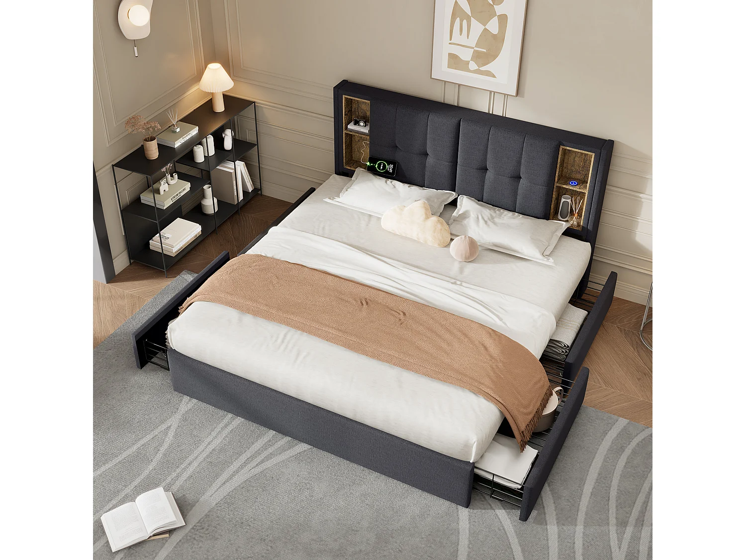 Lit rembourré double avec charge sans fil USB C et 4 tiroirs, 160×200, sommier bois, lin gris (avec matelas)