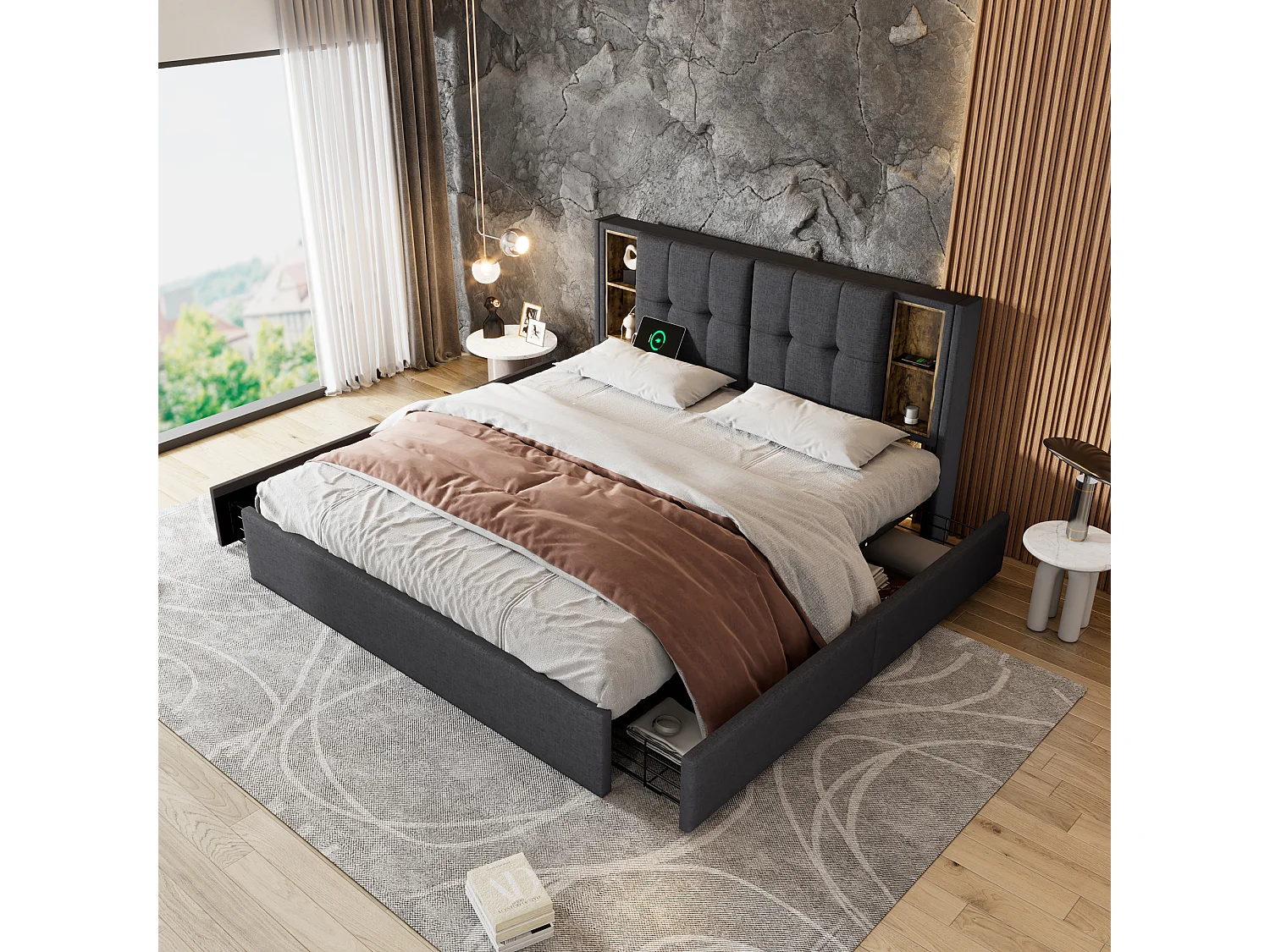 Lit rembourré double avec charge sans fil USB C et 4 tiroirs, 160×200, sommier bois, lin gris (avec matelas)