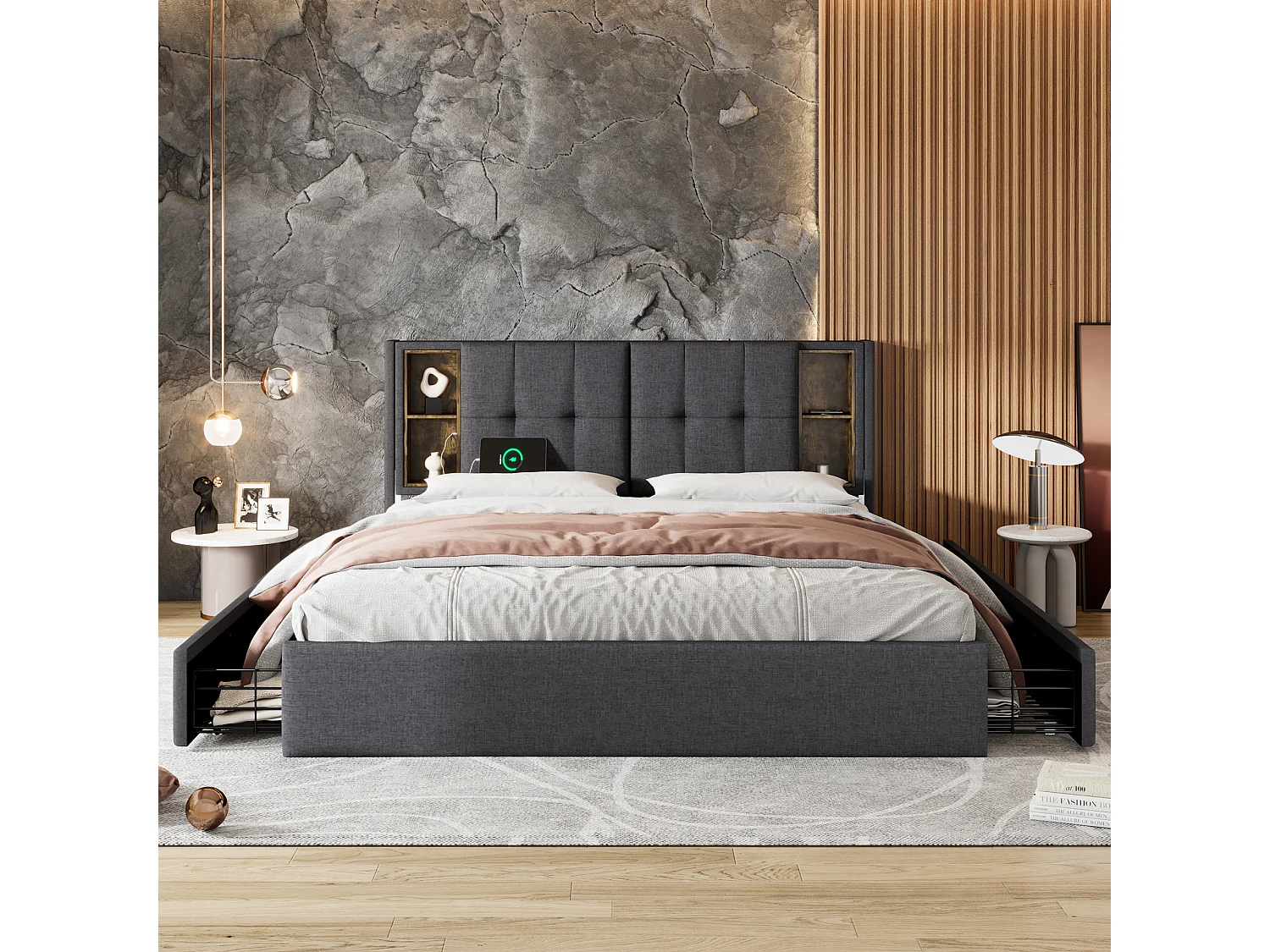 Lit rembourré double avec charge sans fil USB C et 4 tiroirs, 160×200, sommier bois, lin gris (avec matelas)