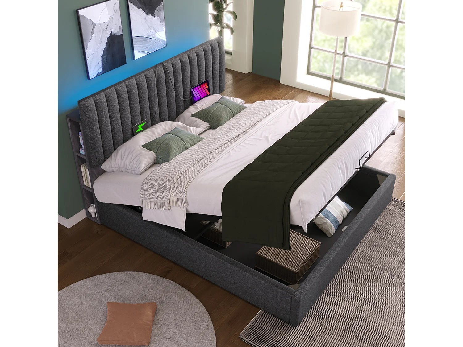 Lit rembourré double USB Type C avec LED et App-Control, tête réglable, rangement, 160×200, bois gris (avec matelas)