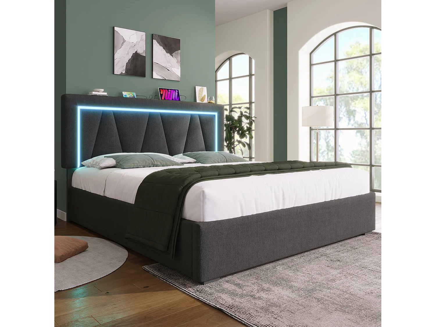 Lit rembourré double USB Type C avec LED, rangement, 140×200, lin, sommier inclus (avec matelas)