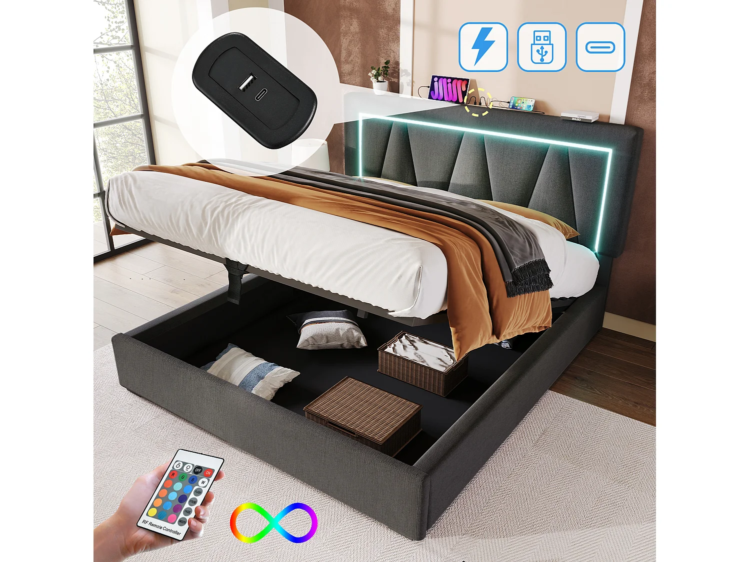 Lit rembourré double USB Type C avec LED, rangement, 140×200, lin, sommier inclus (avec matelas)