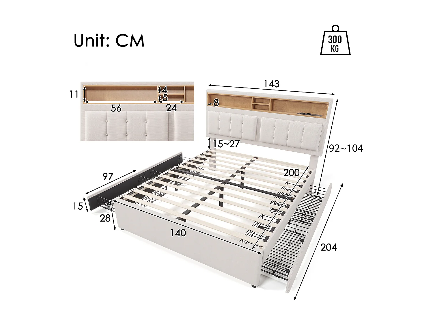 Tweepersoonsbed 140x200 cm Met 4 Tiroirs, Port Usb-c, Tête Van Lit Réglable, Cadre Bois, Met Matras Inbegrepen