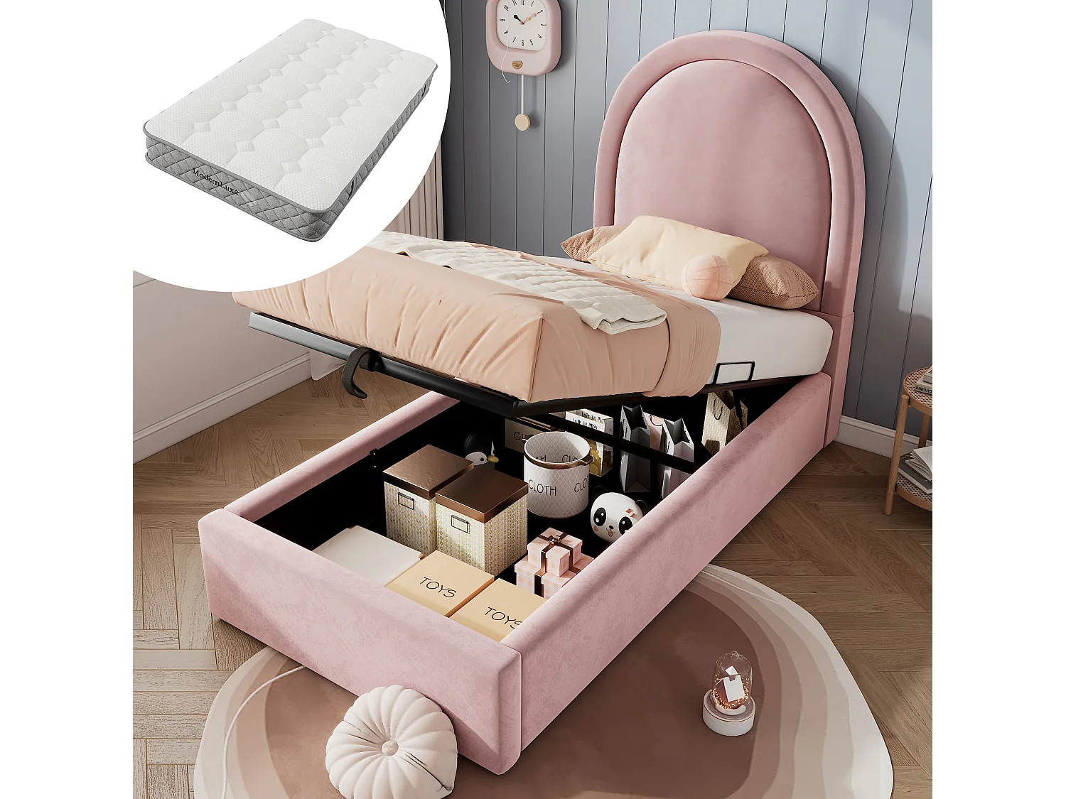 Lit rembourré simple enfant 90x200 cm, velours rose, pour garçons et filles, avec matelas