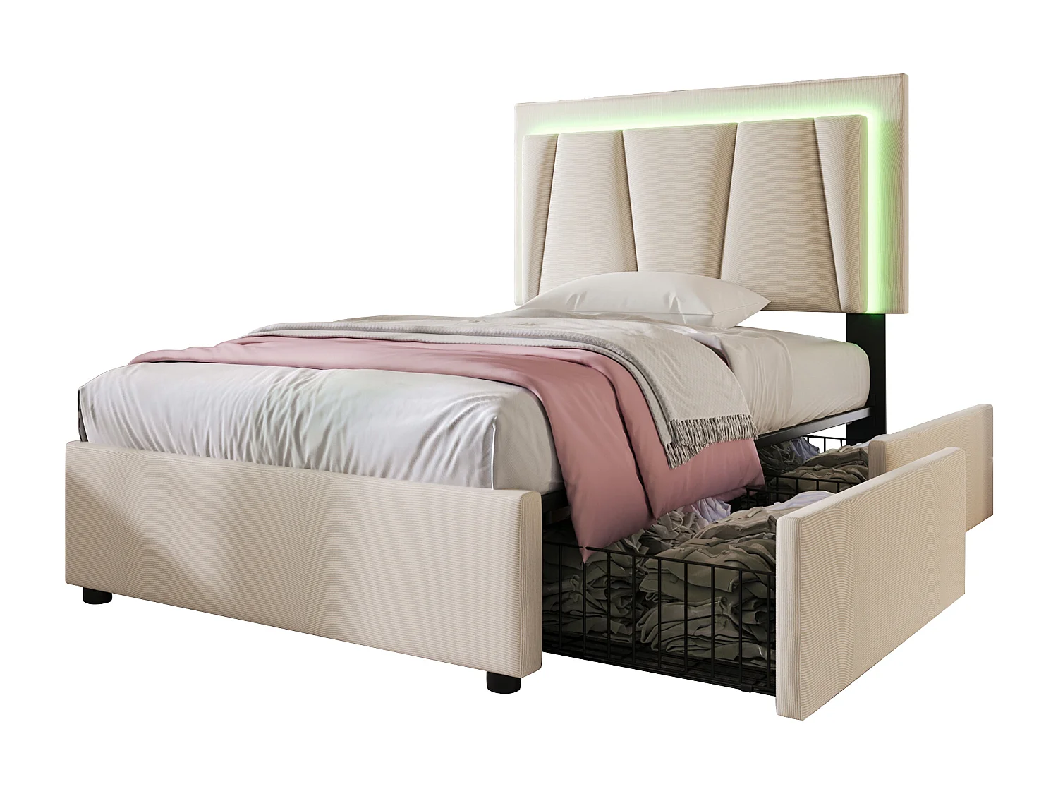 Eenpersoonsbed 90x200 Cm Met LED En 2 Lades, Hoofdeinde Réglable, Houten Lattenbodem, Stof Beige, Met Matras