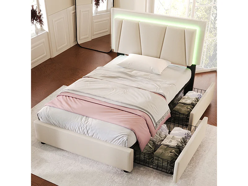 Lit simple 90x200 cm avec LED et 2 tiroirs, tête de lit réglable, sommier bois, tissu beige, avec matelas