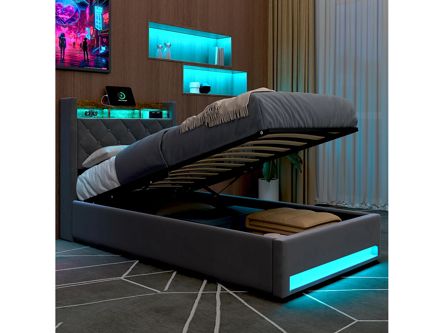 Lit avec rangement en velours gris 90 x 190 cm avec ports USB et éclairage LED, gris