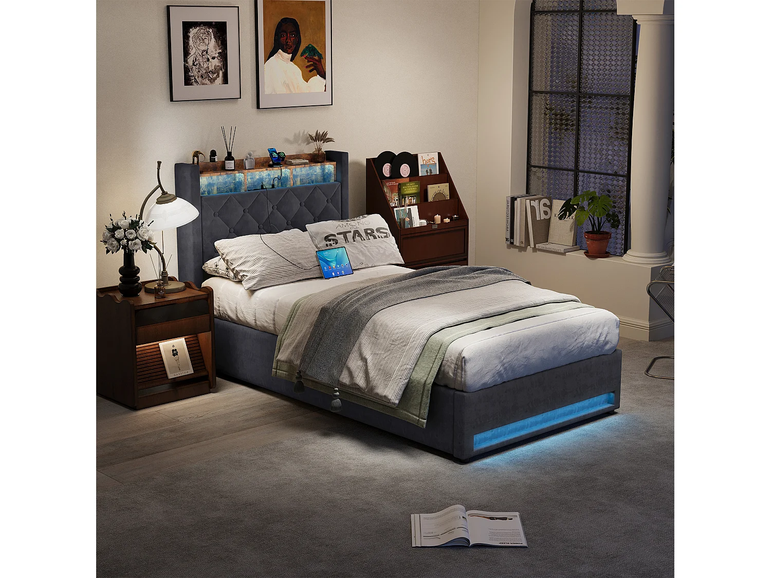 Lit avec rangement en velours gris 90 x 190 cm avec ports USB et éclairage LED, gris