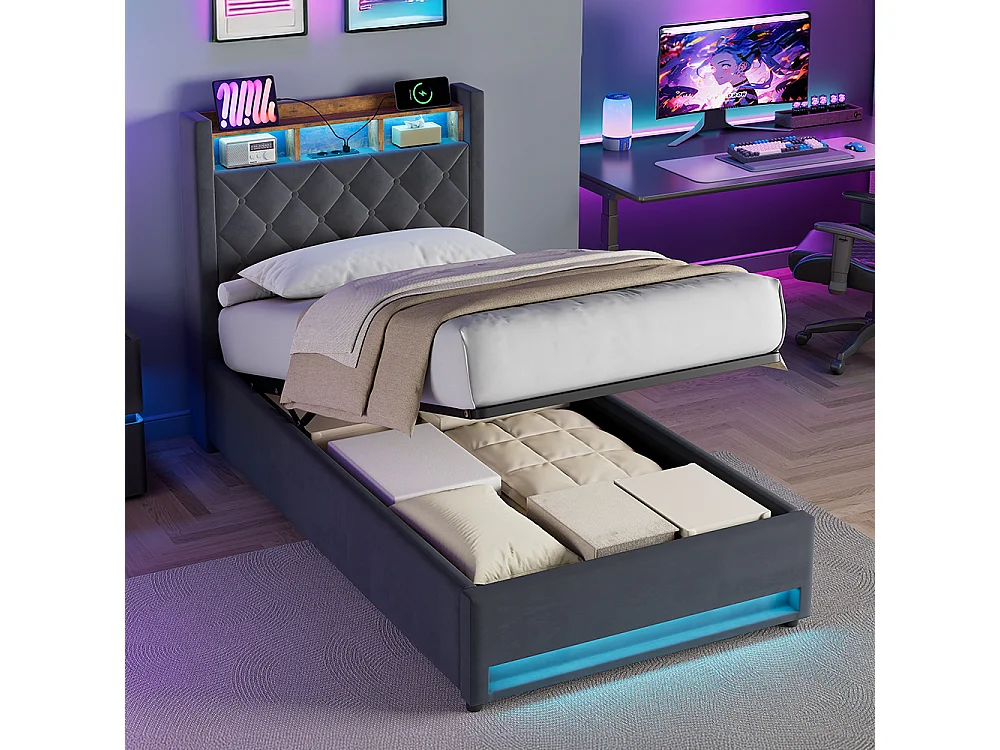 Lit avec rangement en velours gris 90 x 190 cm avec ports USB et éclairage LED, gris