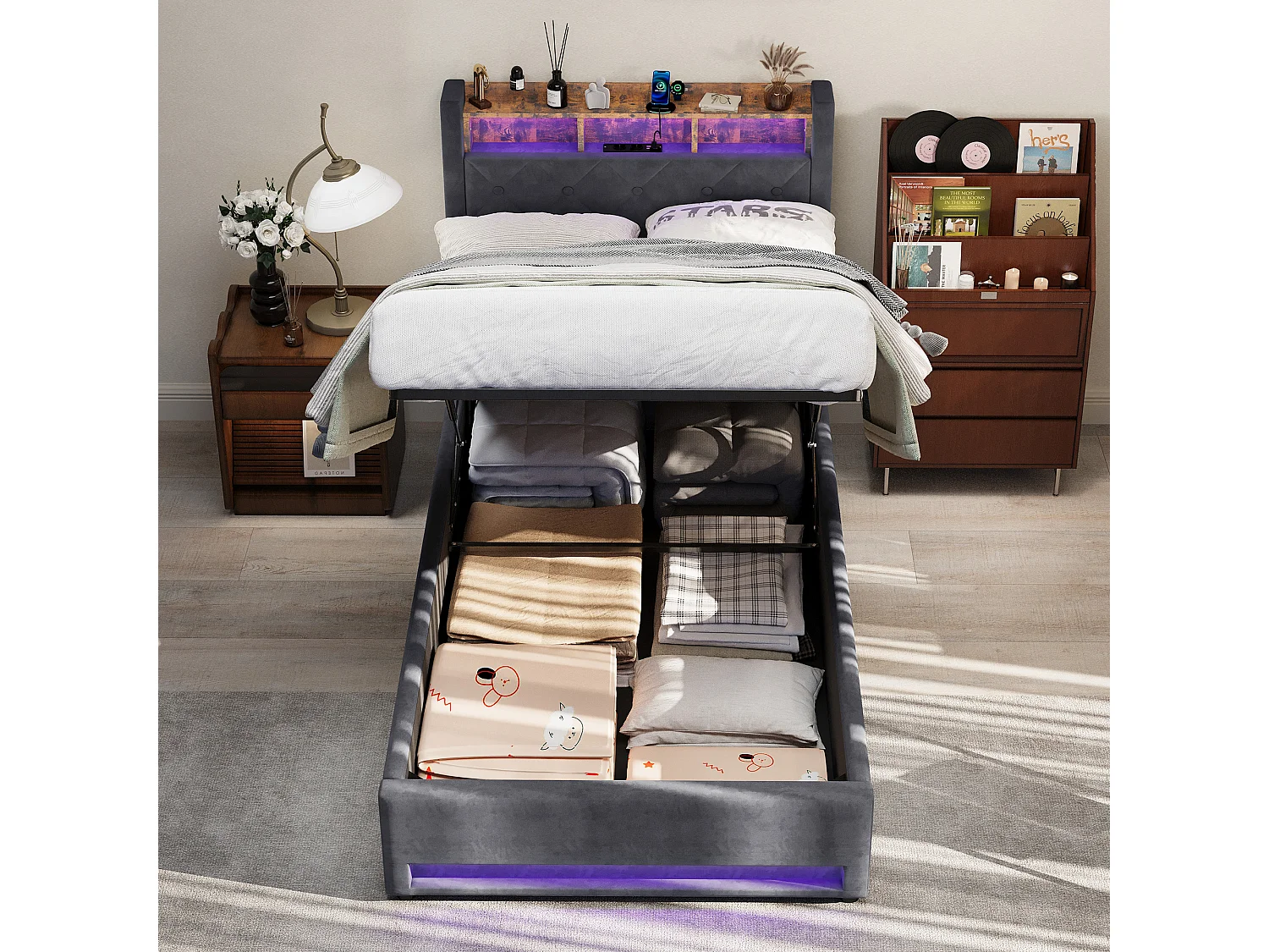 Lit avec rangement en velours gris 90 x 190 cm avec ports USB et éclairage LED, gris