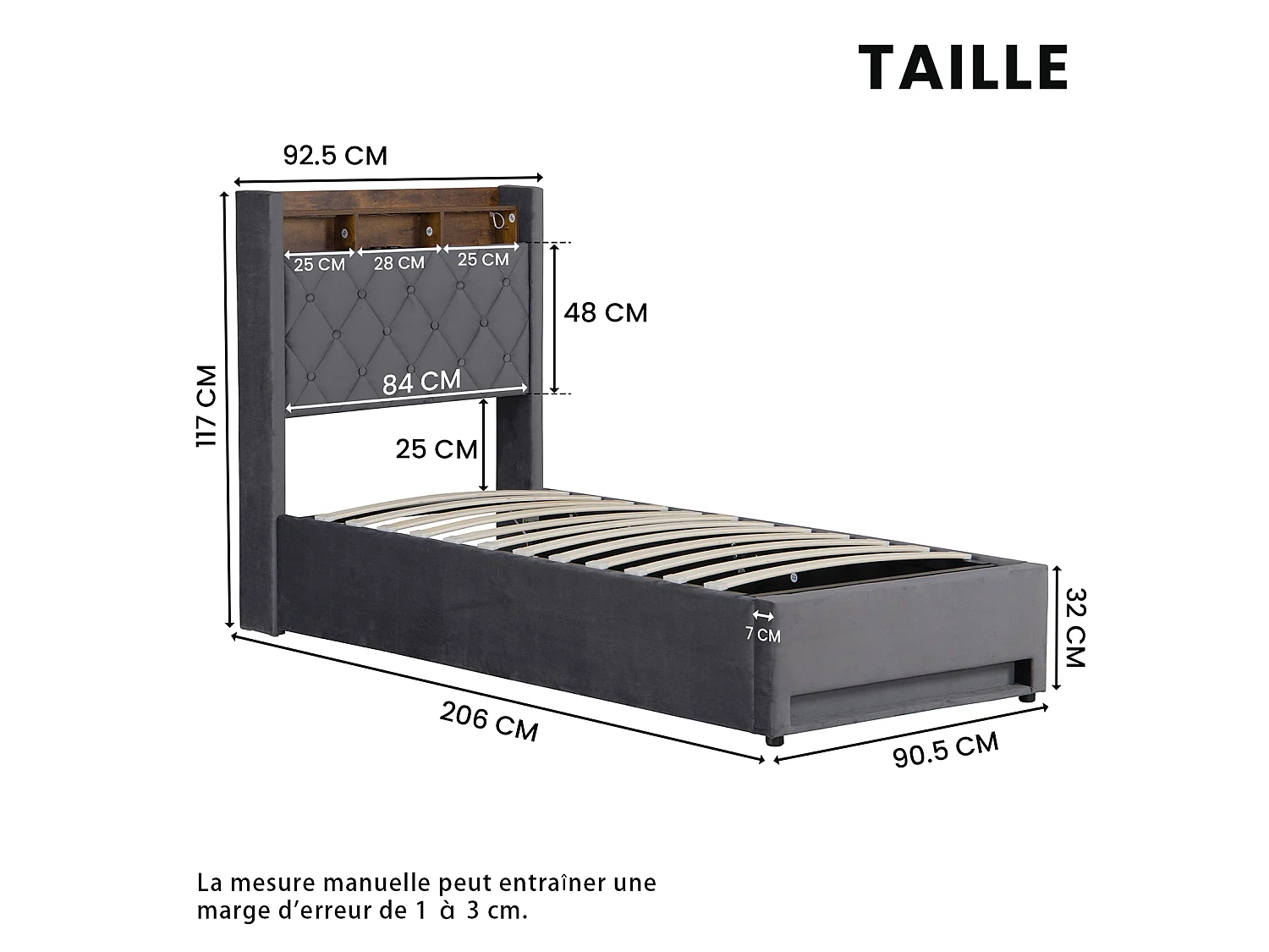 Lit avec rangement en velours gris 90 x 190 cm avec ports USB et éclairage LED, gris