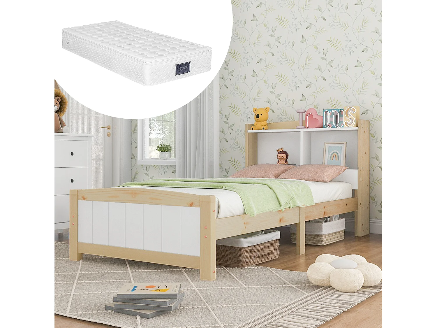 Bed En Hout Eenpersoons 90x200 Cm, Tête En Lattenbodem Inbegrepen, Opbergruimte Geïntegreerd, Hout Massif Pin Naturel/wit, Enfant En Adolescent, Met Matras