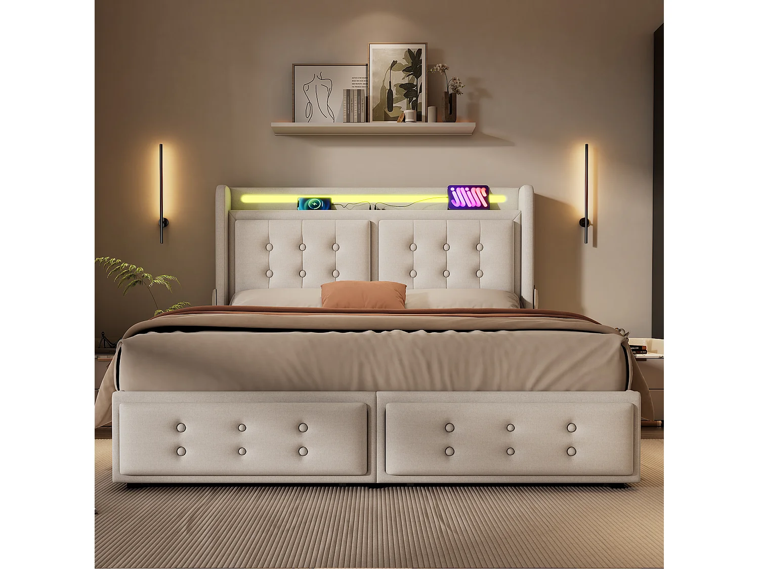 Lit rembourré double 140×200 avec tête LED et USB C, 4 tiroirs, sommier bois métal, coton beige, 300 kg (avec matelas)