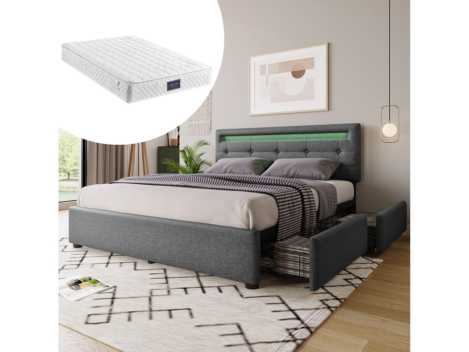 Lit double rembourré 140x200 cm avec LED et 4 tiroirs, tête réglable, sommier bois, tissu gris, avec matelas