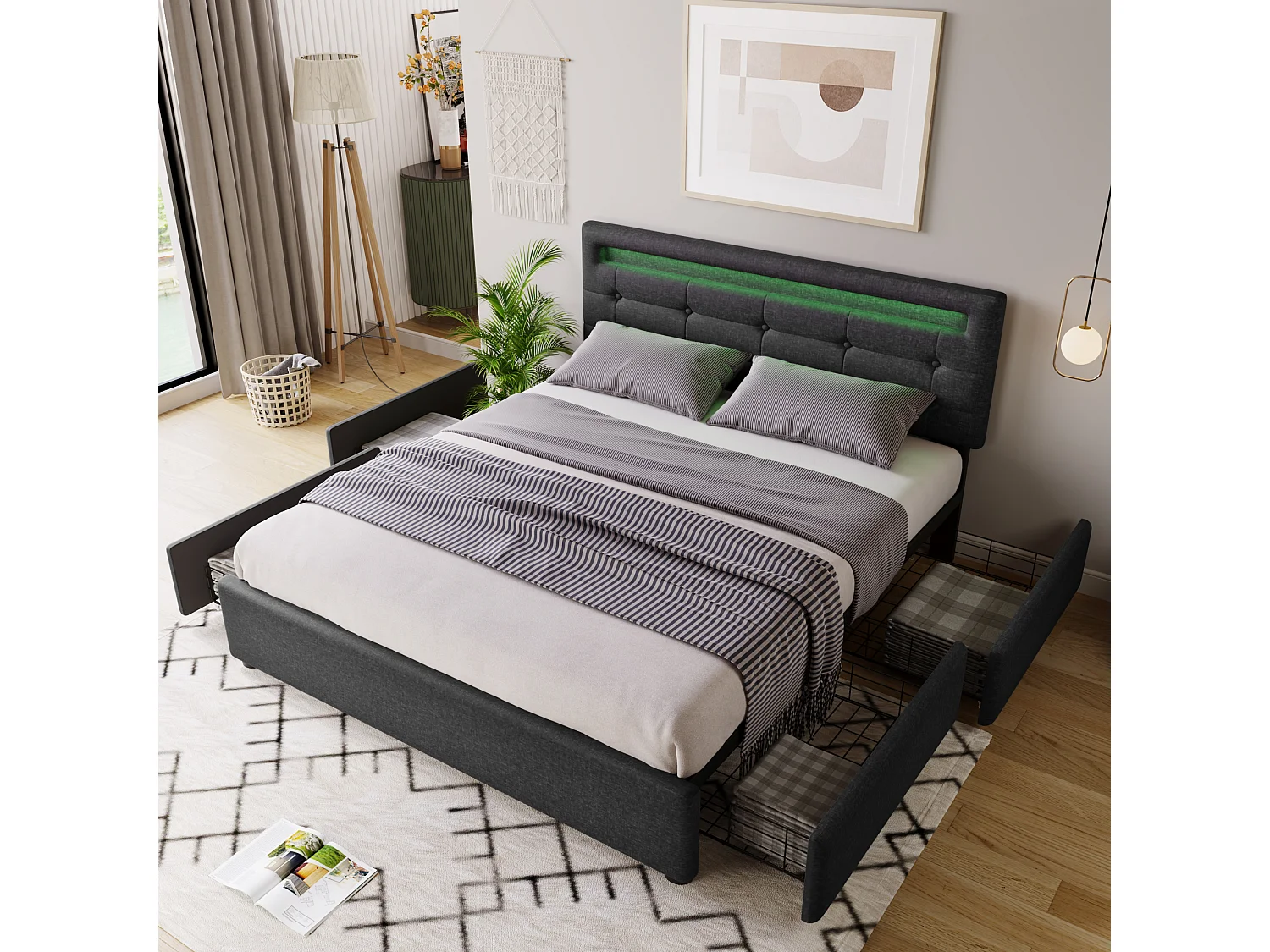 Lit double rembourré 140x200 cm avec LED et 4 tiroirs, tête réglable, sommier bois, tissu gris, avec matelas
