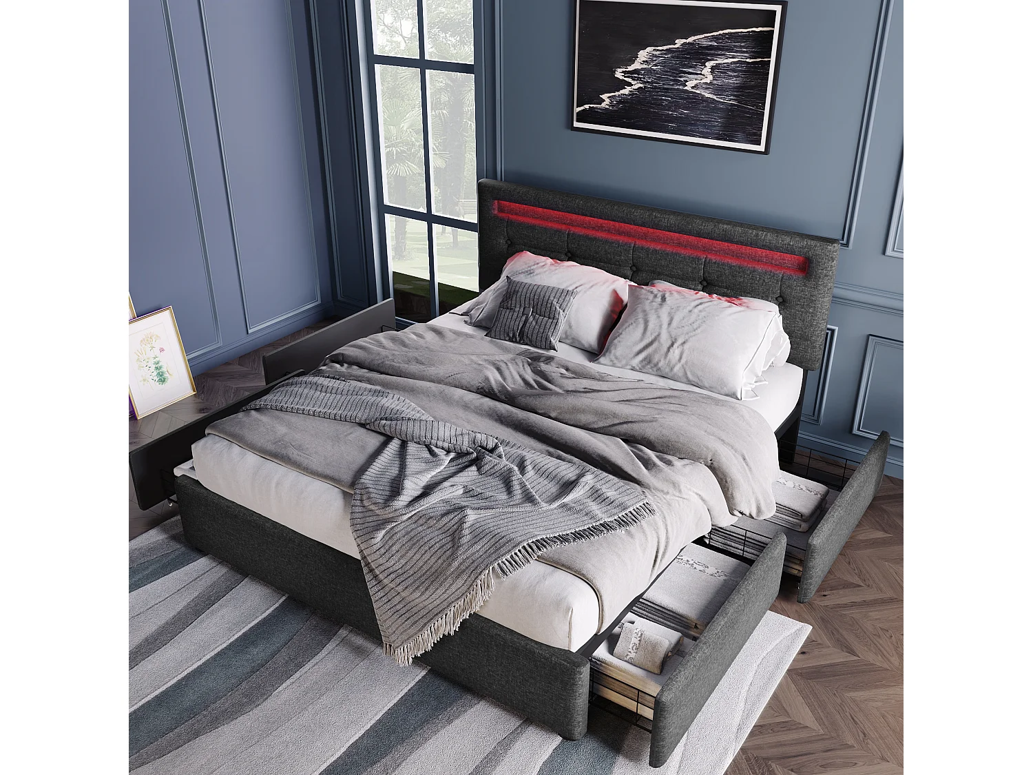Lit double rembourré 140x200 cm avec LED et 4 tiroirs, tête réglable, sommier bois, tissu gris, avec matelas