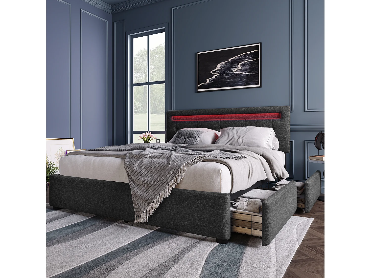 Lit double rembourré 140x200 cm avec LED et 4 tiroirs, tête réglable, sommier bois, tissu gris, avec matelas