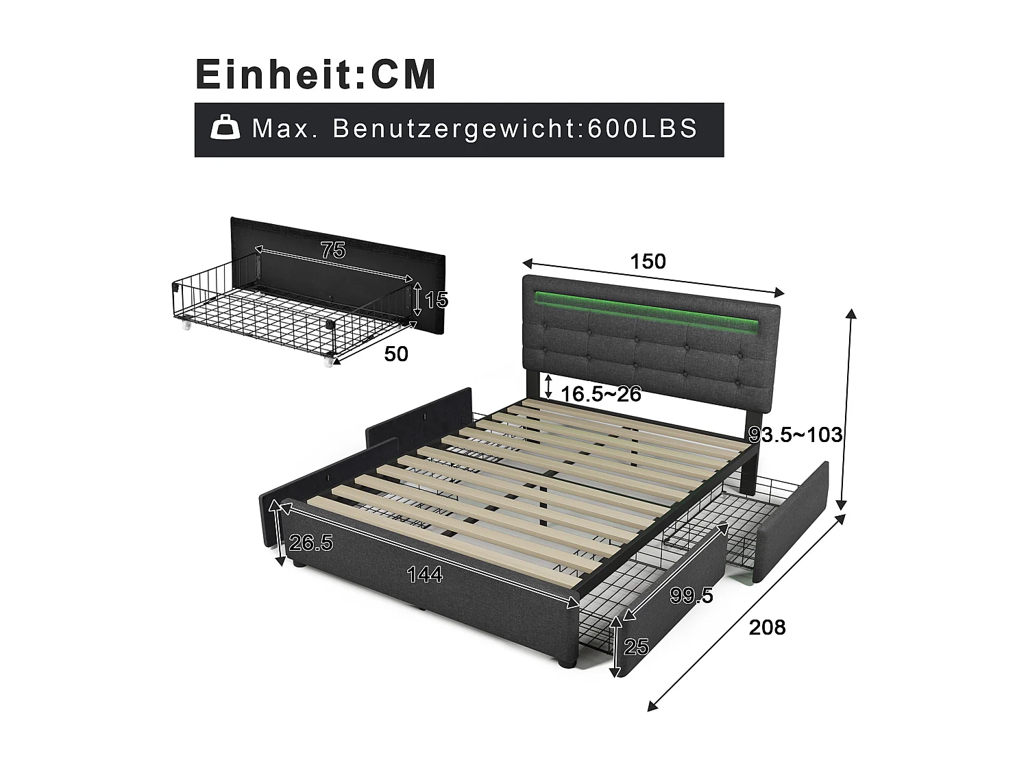 Lit double rembourré 140x200 cm avec LED et 4 tiroirs, tête réglable, sommier bois, tissu gris, avec matelas
