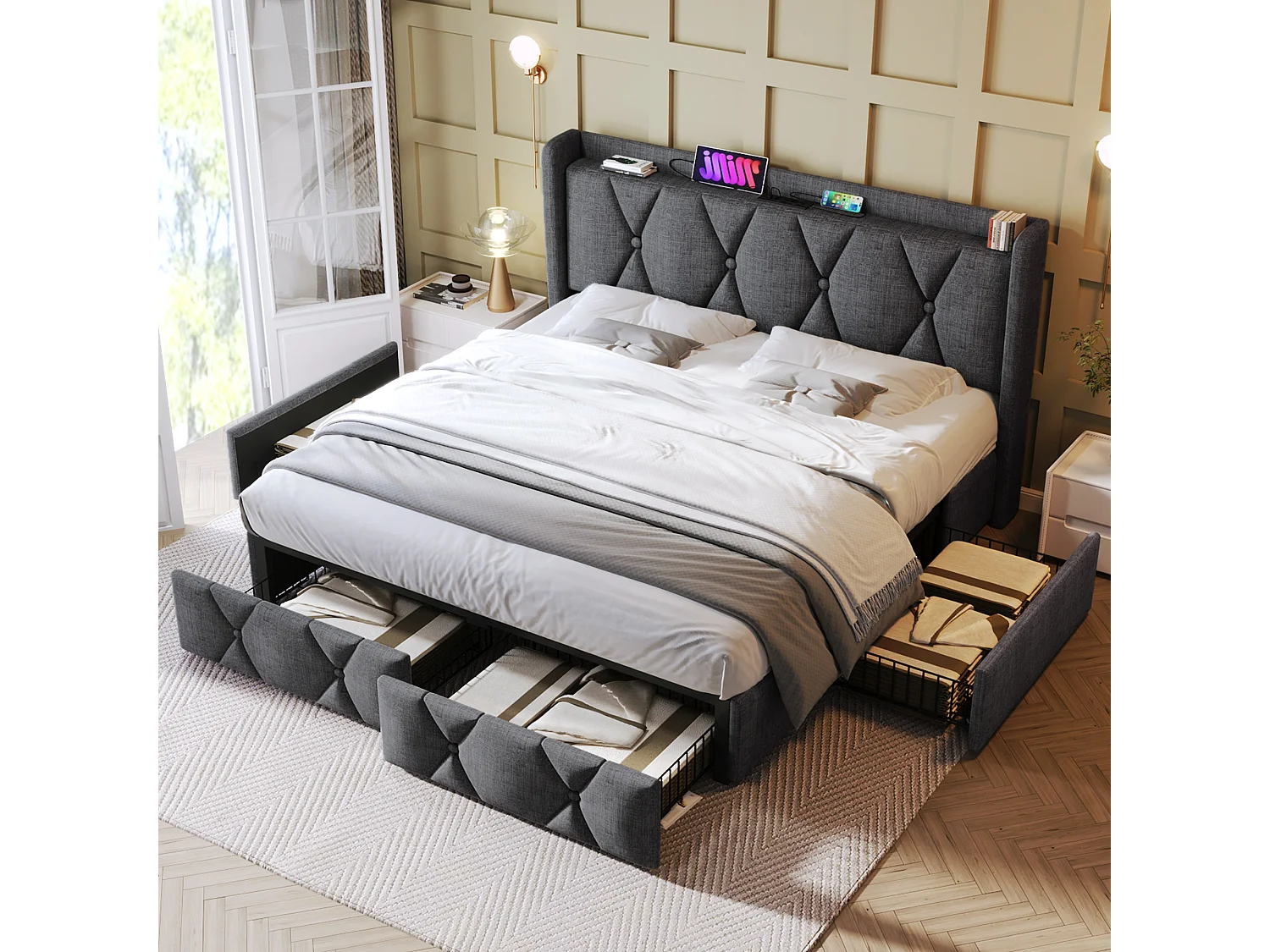 Lit rembourré double 160×200 avec tête USB et 4 tiroirs, rangement, sommier bois, gris, fonction de charge (avec matelas)