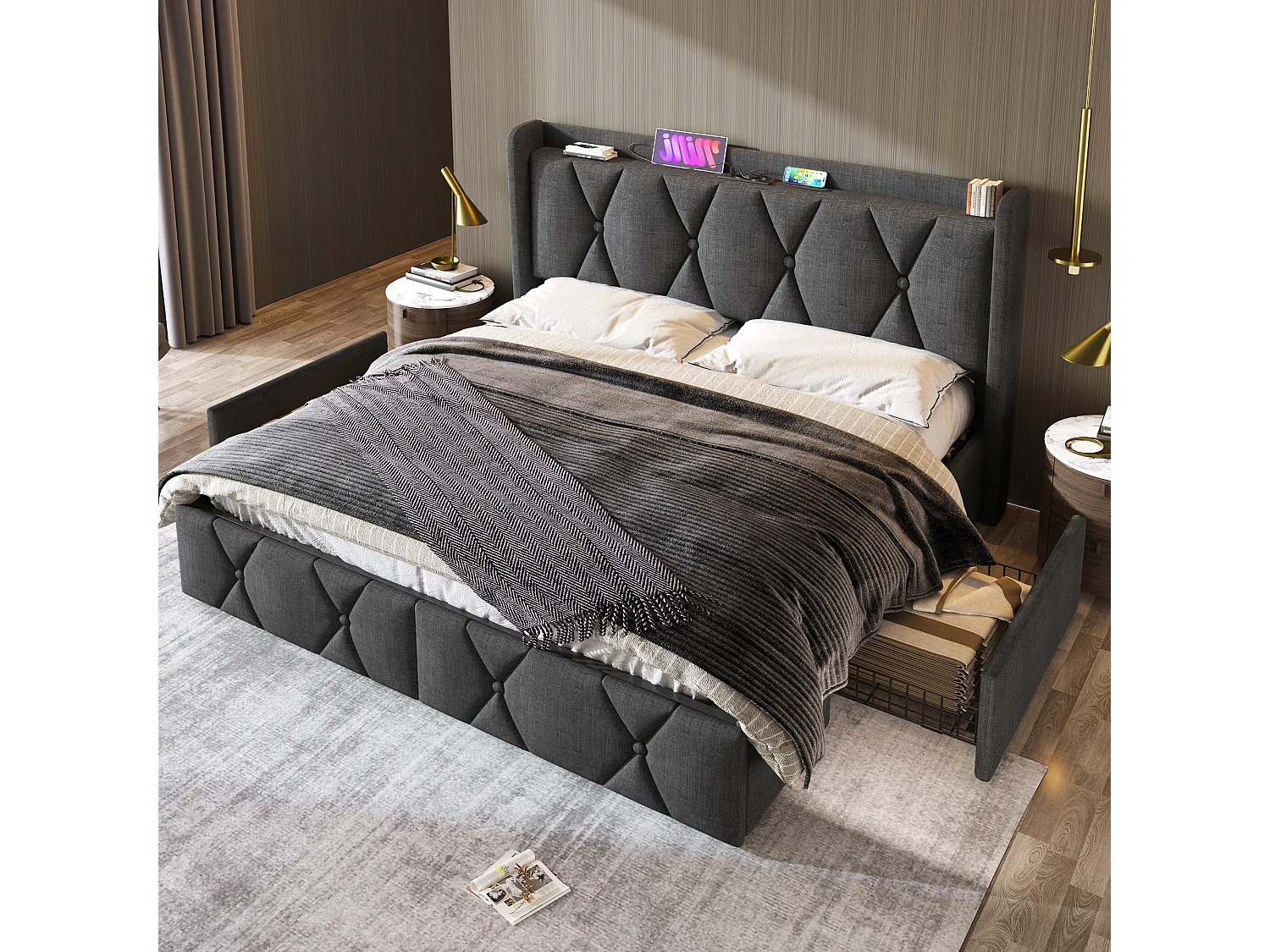 Lit rembourré double 160×200 avec tête USB et 4 tiroirs, rangement, sommier bois, gris, fonction de charge (avec matelas)