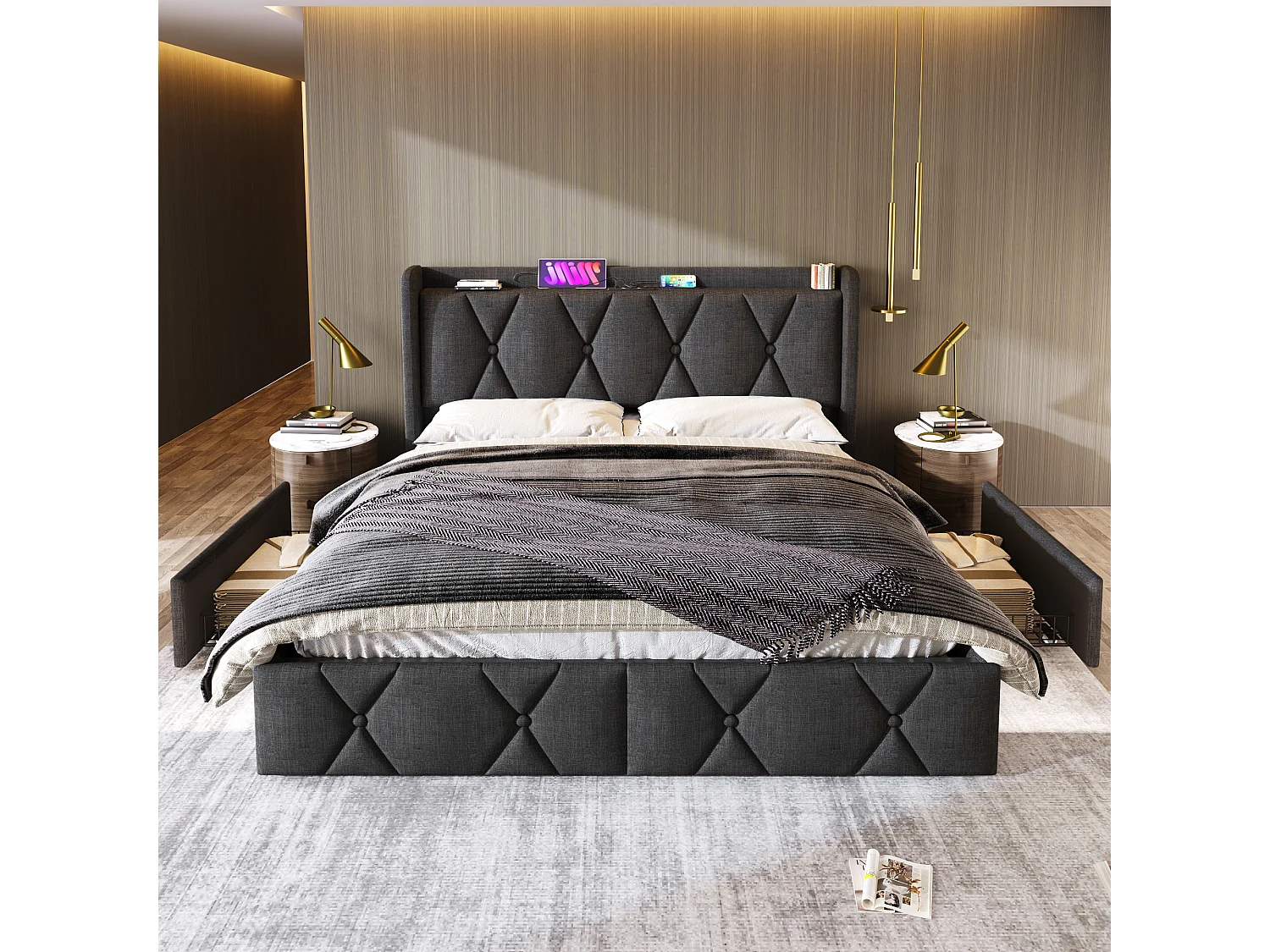 Lit rembourré double 160×200 avec tête USB et 4 tiroirs, rangement, sommier bois, gris, fonction de charge (avec matelas)