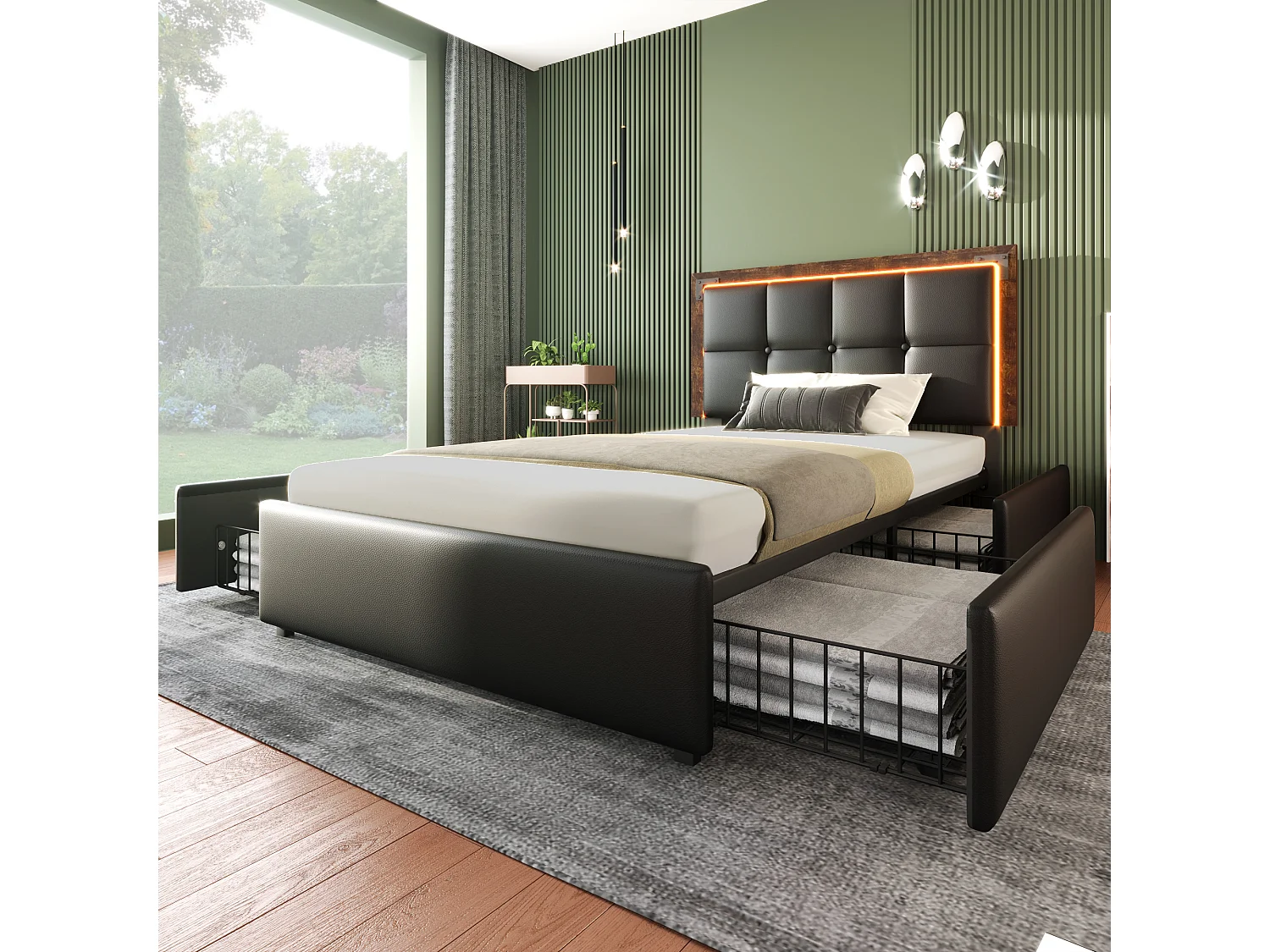 Lit rembourré simple avec bande LED et 4 tiroirs, tête réglable, PU noir, 90×200, lit fonctionnel (avec matelas)