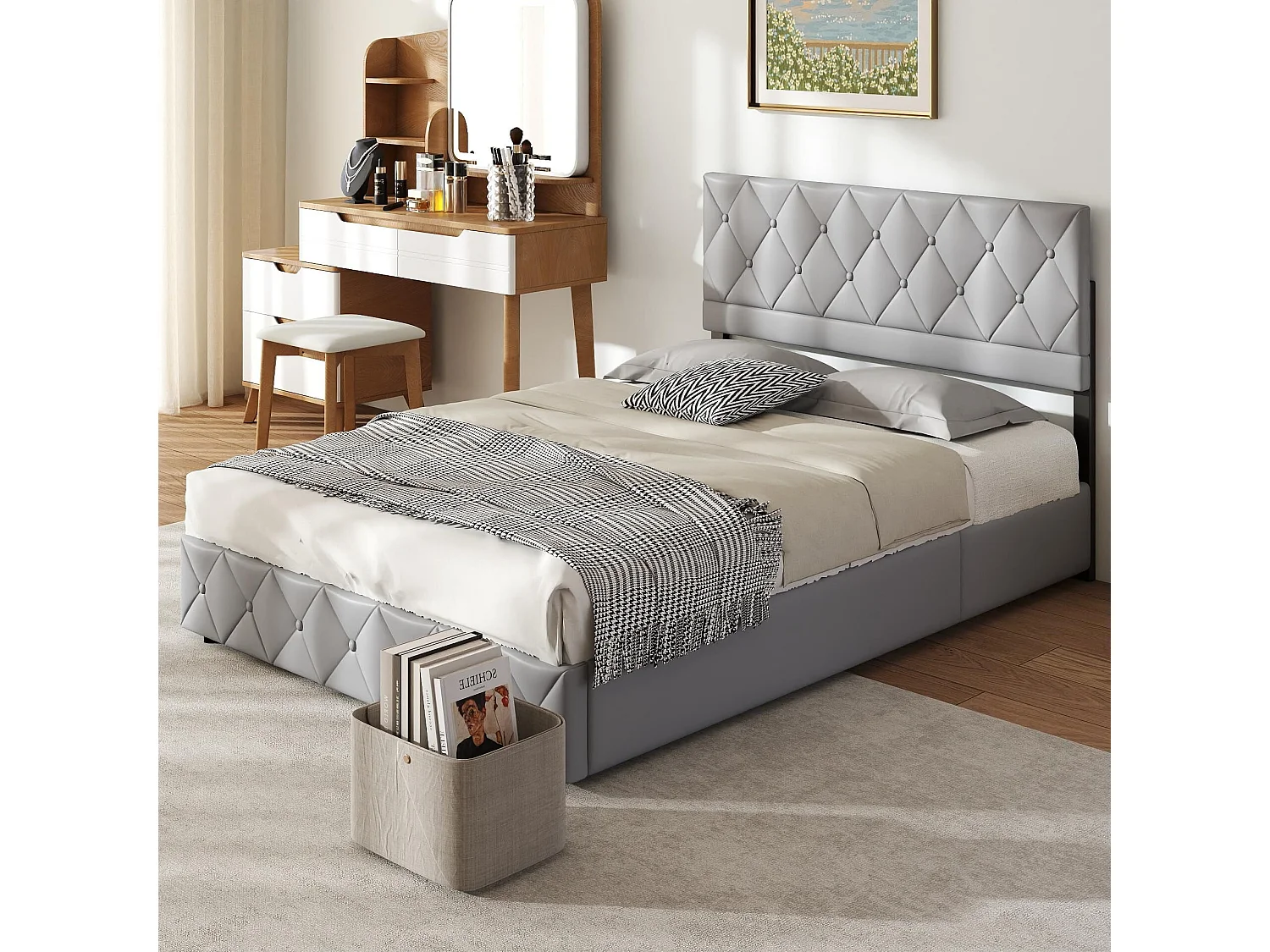 Bed Soft 90x200 Cm, Gepolsterd Bed, Metaalframe En MDF, Groot Opbergruimte, Grijs