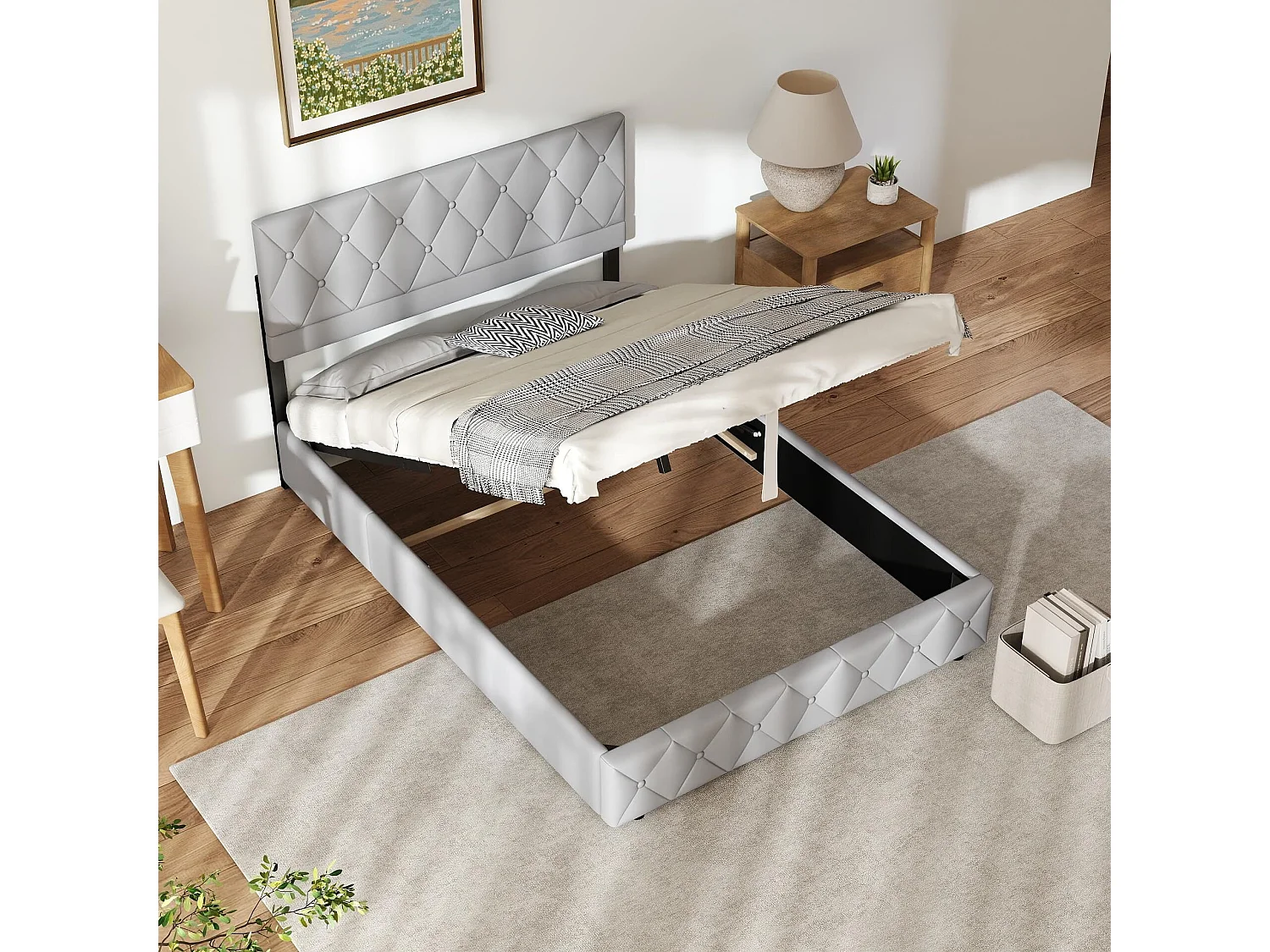 Bed Soft 90x200 Cm, Gepolsterd Bed, Metaalframe En MDF, Groot Opbergruimte, Grijs