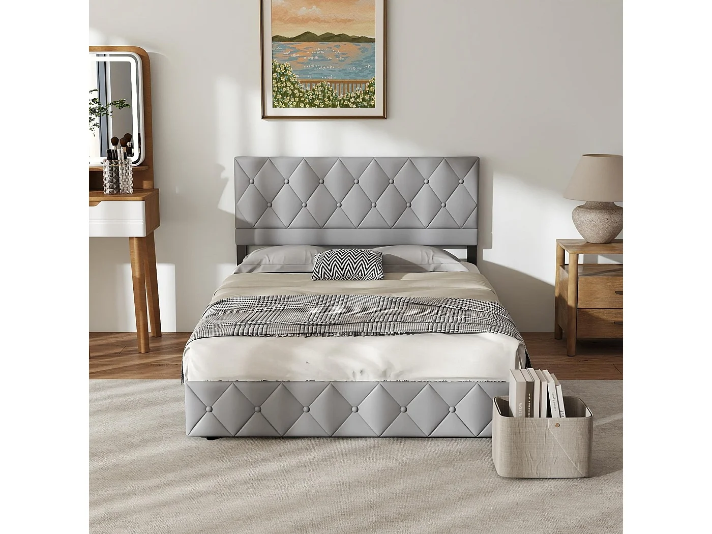 Bed Soft 90x200 Cm, Gepolsterd Bed, Metaalframe En MDF, Groot Opbergruimte, Grijs