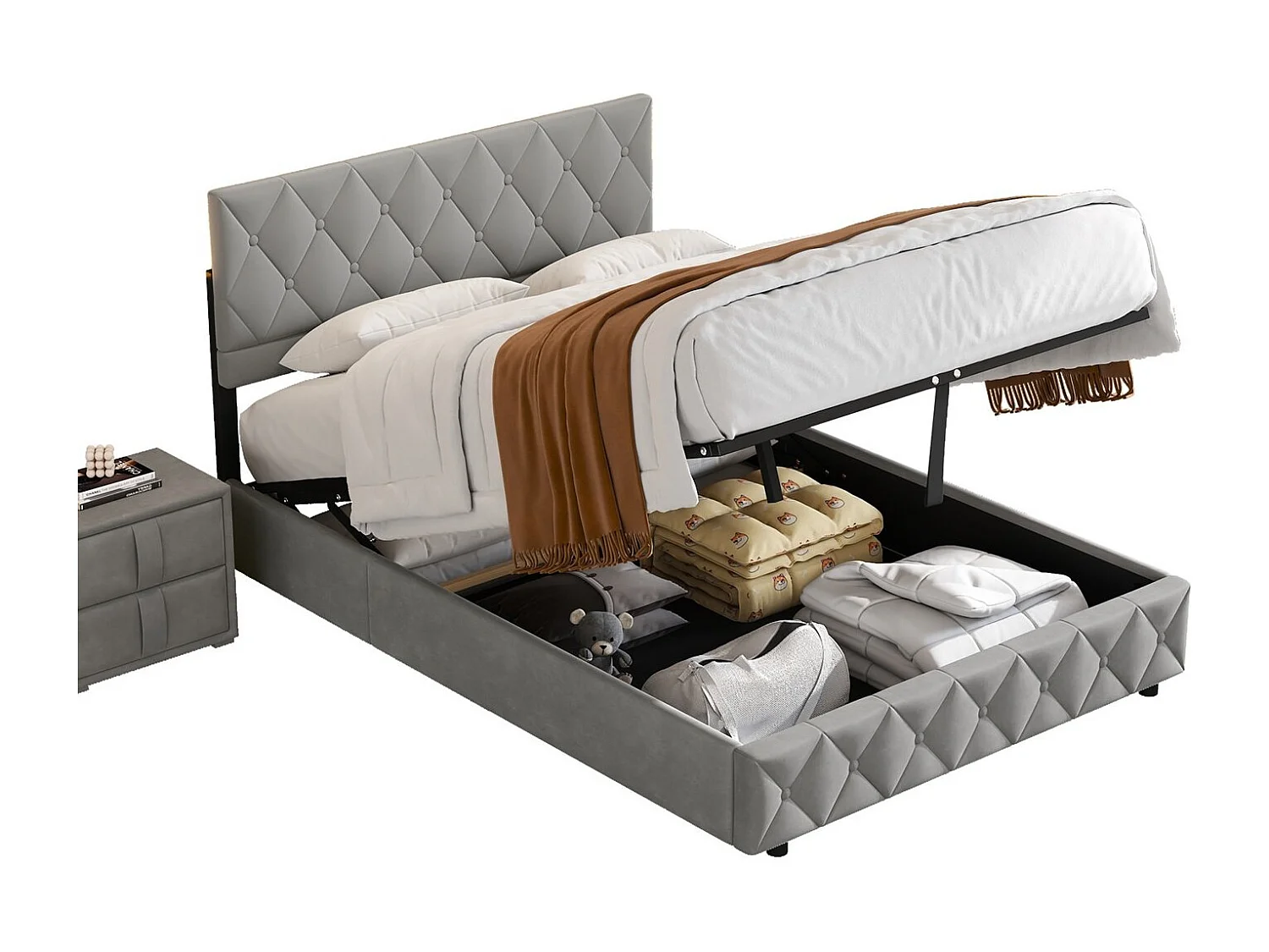 Bed Soft 90x200 Cm, Gepolsterd Bed, Metaalframe En MDF, Groot Opbergruimte, Grijs